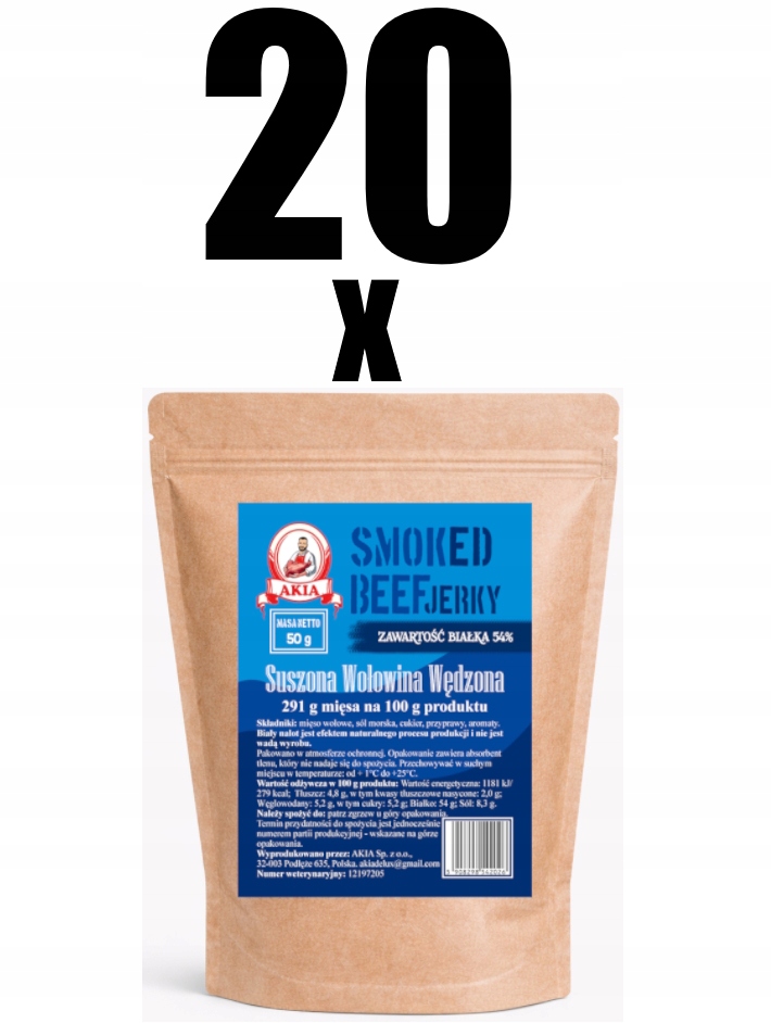 Levně Akia Beef Jerky, sušené maso, sušené uzené hovězí maso 20 kusů x 50 g