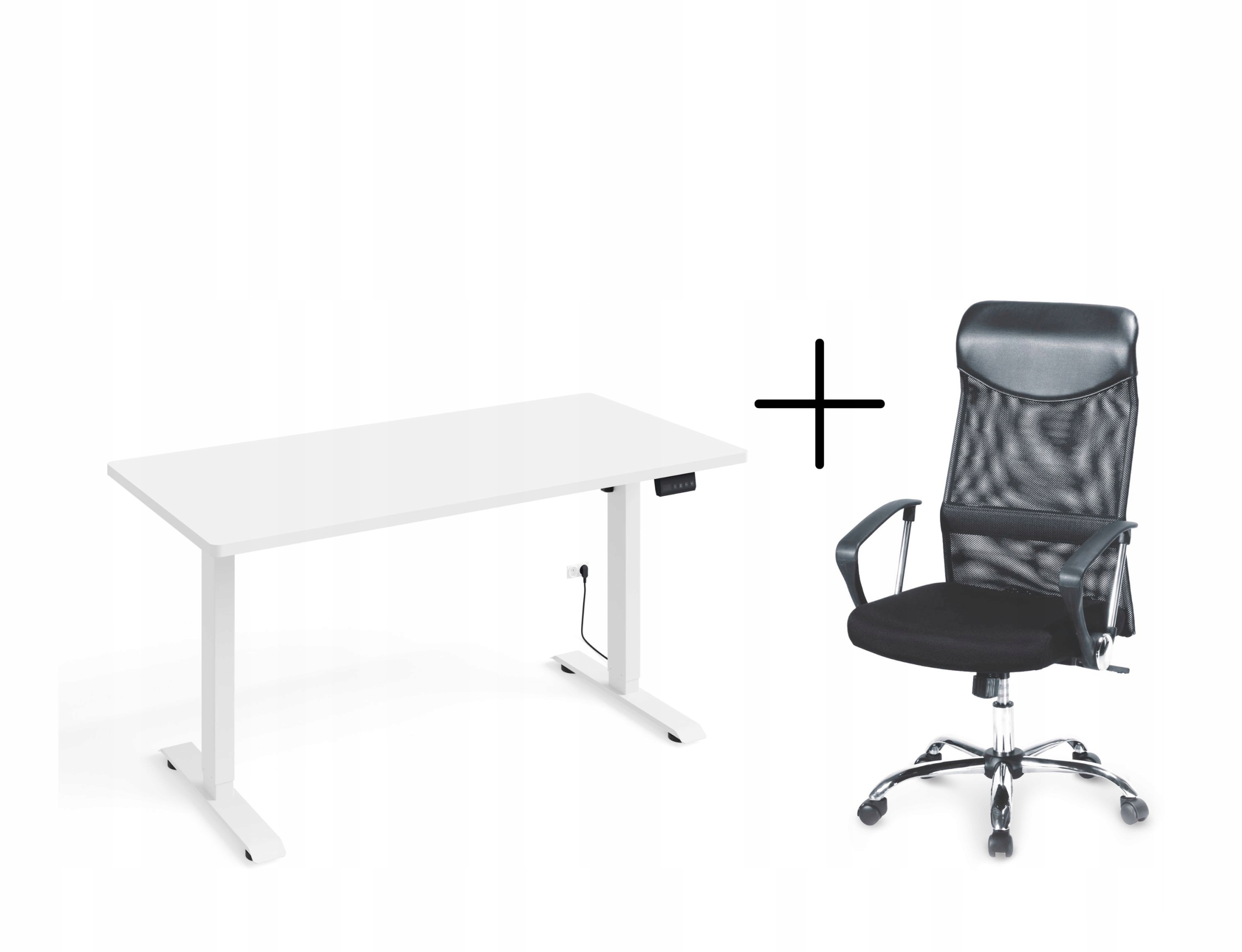 Biurko elektryczne Bimotion 1S 140x70 biały/biały+ Fotel Vire czarny