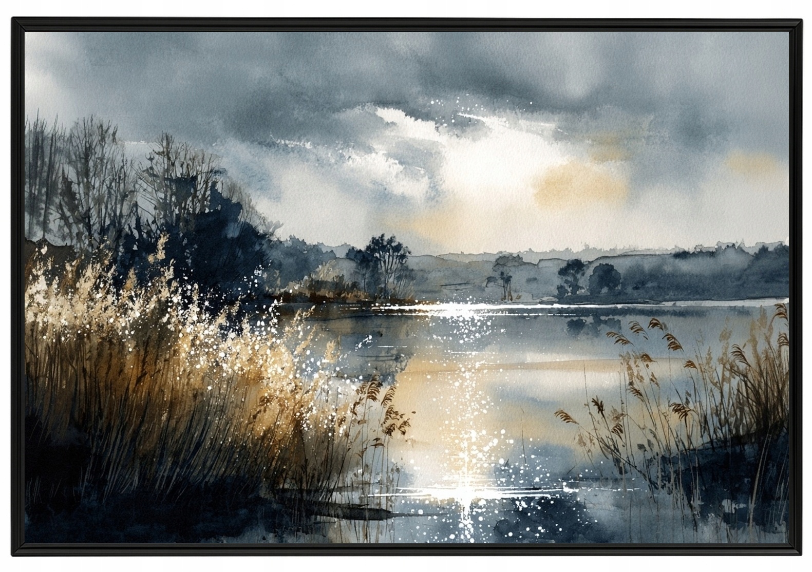 Rámeček S Hliníkovým Plakát Mazurské Jezero Břeh Tráva Slunce 60x40