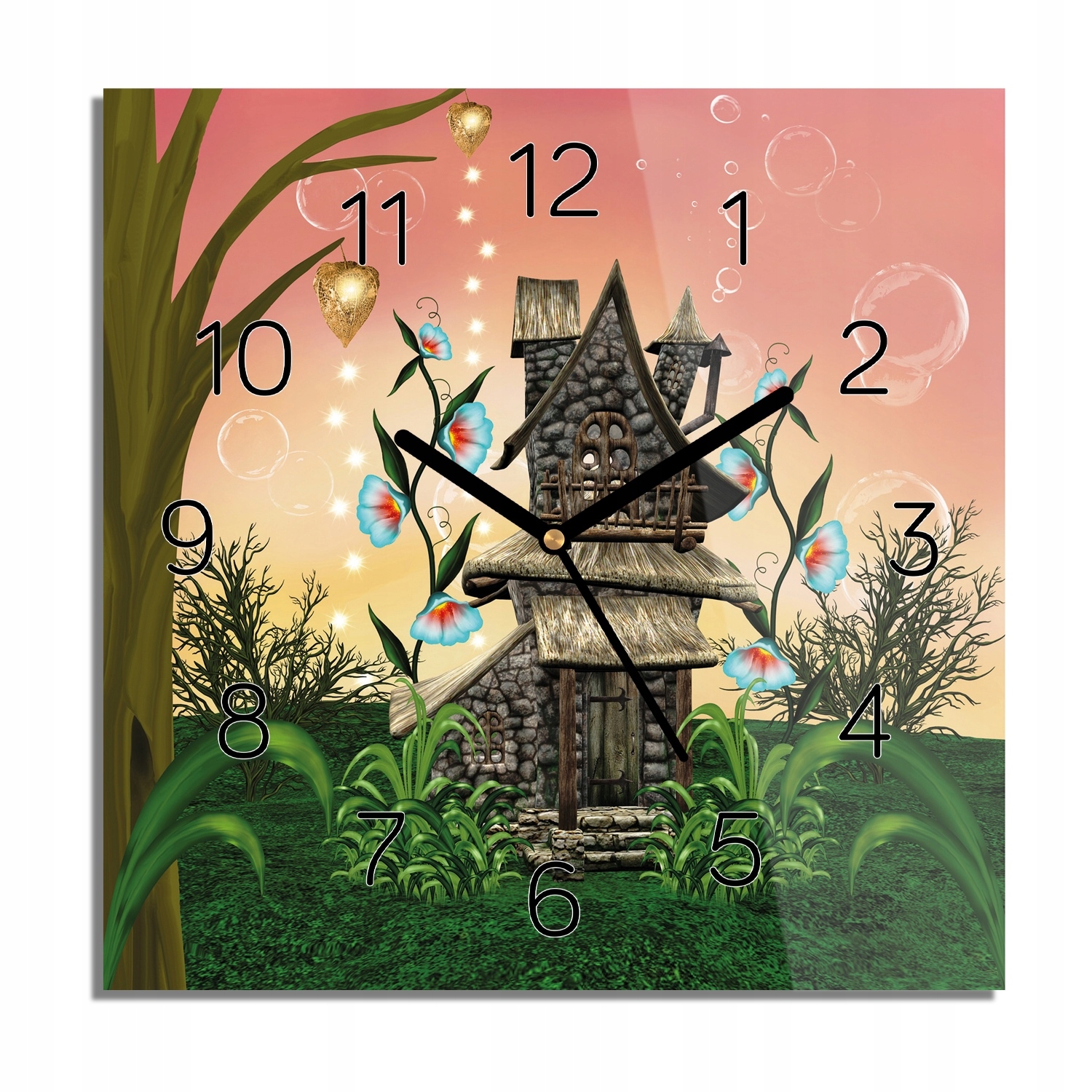 

Domek bańki kwiaty zegar szklany do salonu 30x30