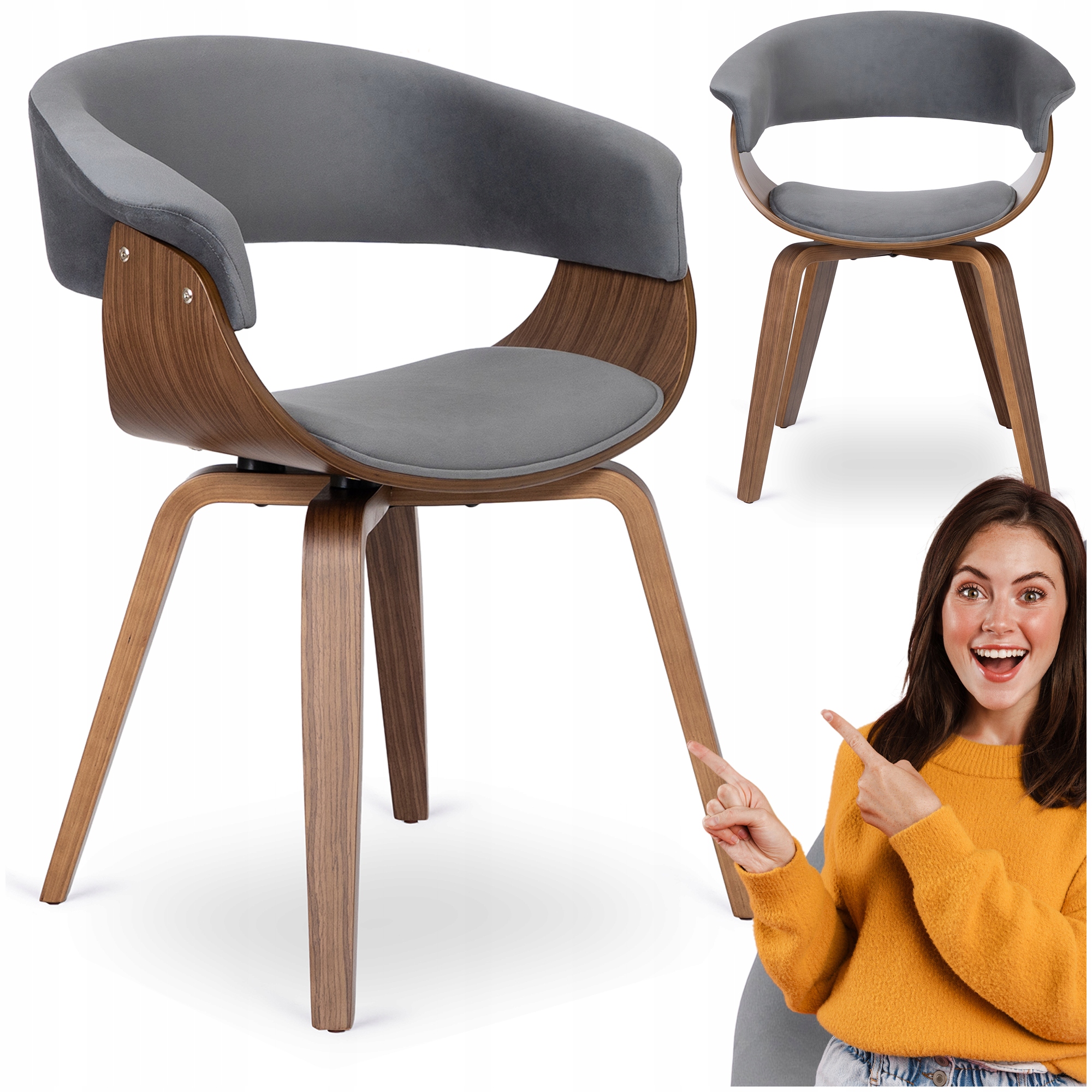 Kuchyňská židle Ohýbaná do obývacího pokoje Jídelna Velurová Šedá Ořech Gary