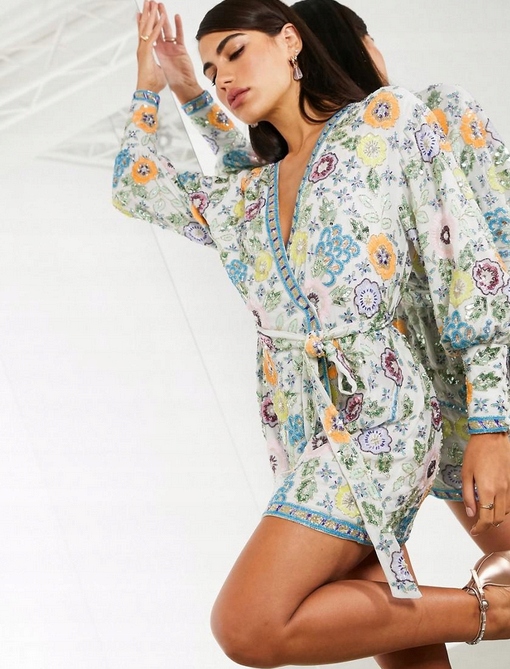 Zdobená Flitrová Obálková Šaty Sukně Květiny Edition 40 L