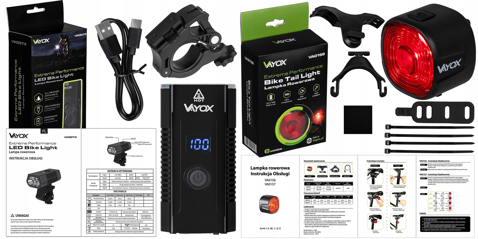 LAMPKA ROWEROWA PRZEDNIA AKUMULATOROWA 5xLED + OŚWIETLENIE TYLNE USBC VAYOX Waga 197 g