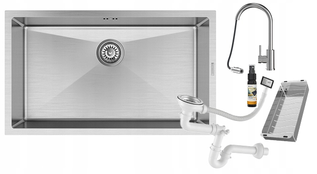 Ocelový dřez BARI74 Sada dřez baterie Loseto sifon ocelová vložka