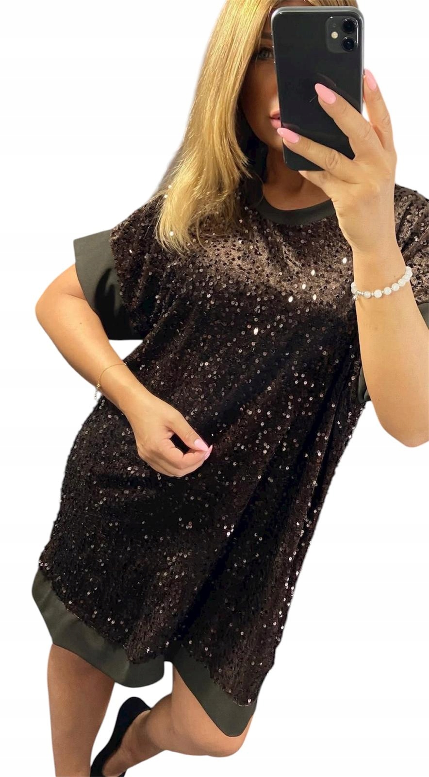 V561 Flitrové Rovné Hnědé Šaty vel. 54 (7XL)