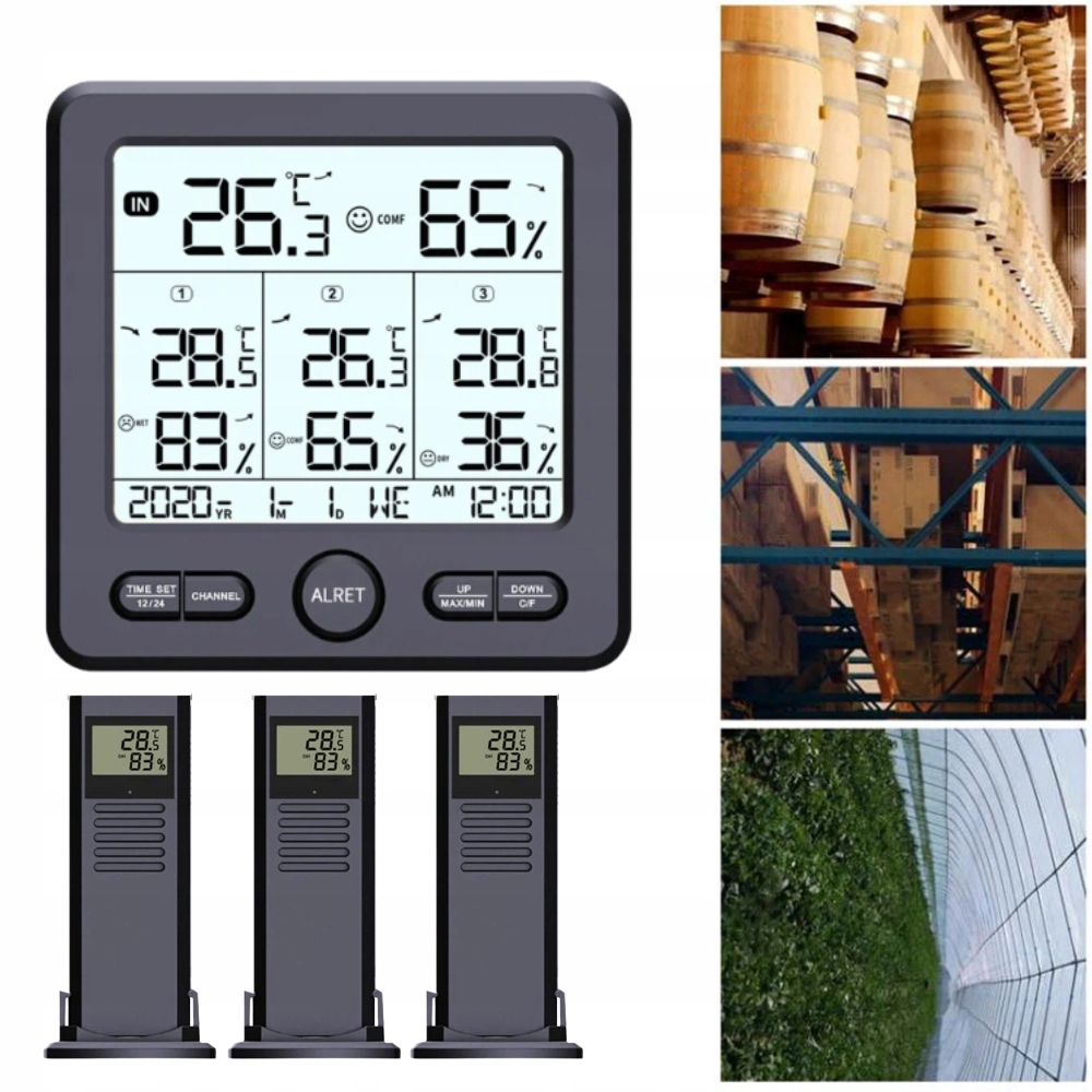 Bezdrátová LCD Meteorologická Stanice Vlhkoměr se 3 Senzory, černá