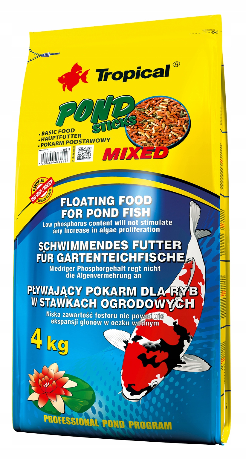TROPICAL 4kg 50l karma dla ryb w oczku wodnym pływające kolorowe pałeczki EAN (GTIN) 5900469403112