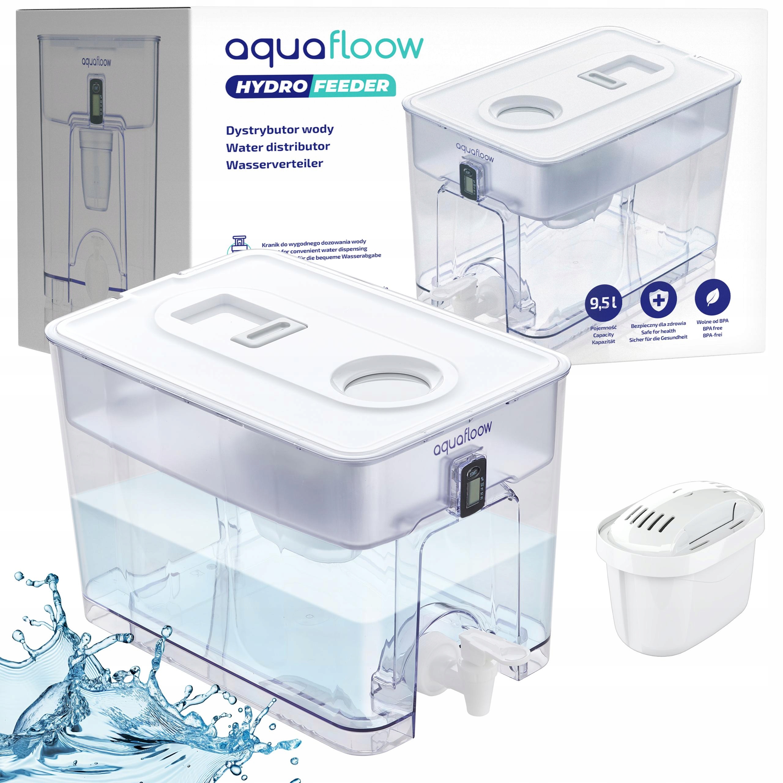 AquaFloow: filtrační konvice vody XL 9,5 l, dávkovač vody filtr na vodu