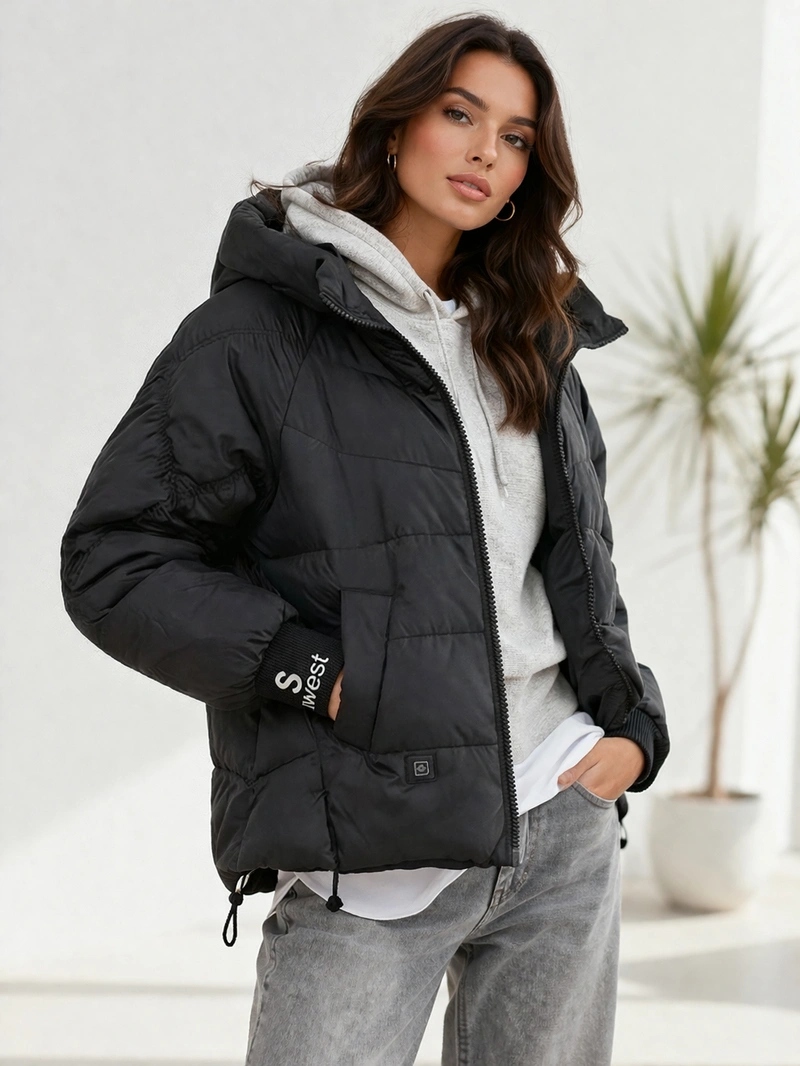 Krátká Bunda Kapuce B8591 Černá L (40)