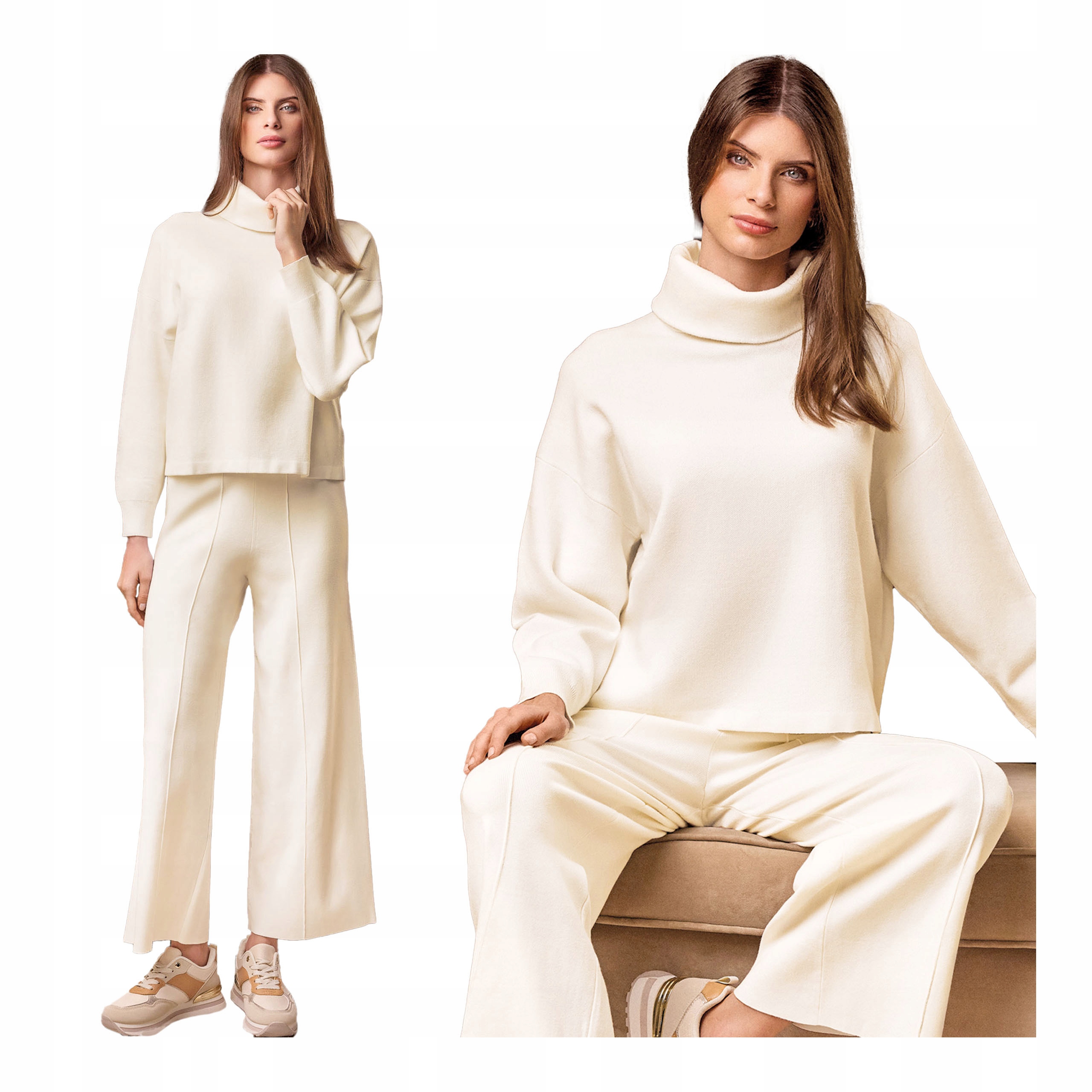 Teplákovka dámský béžový rolák s širokými nohavicemi a úpletem Lormar S/m