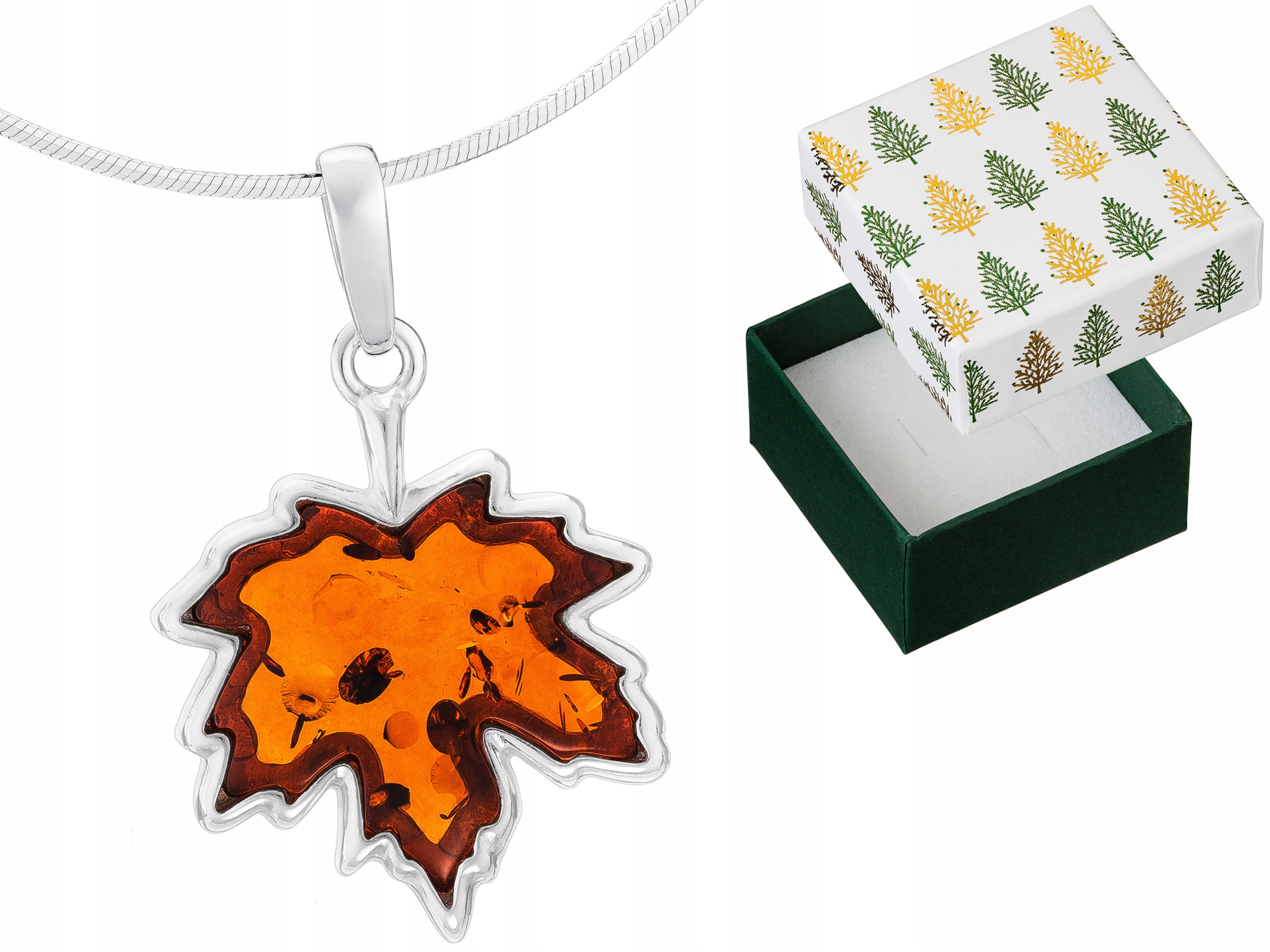 Stříbrný Javorový List s jantarem Náhrdelník Lístek Javor Stříbro Řetízek 40 cm