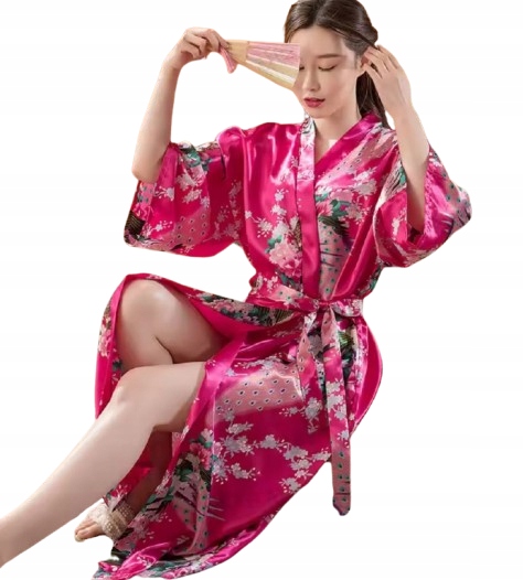 Dlouhý Župan Z Hedvábného Saténu Kimono Růžový Župan XL