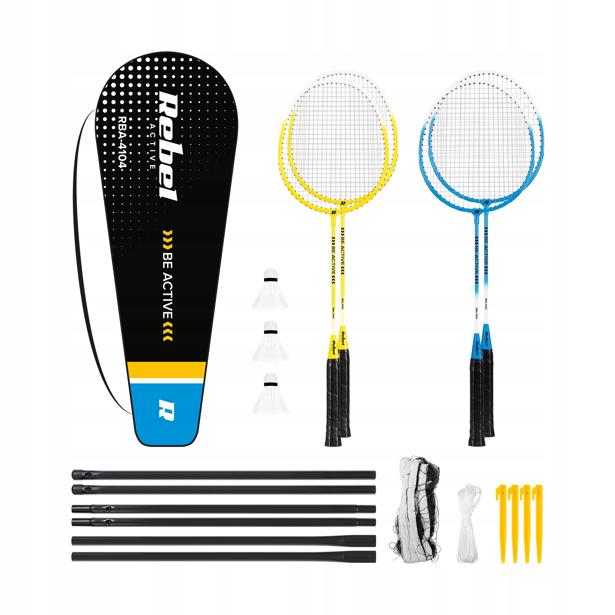 Badmintonový set se síťkou ocel 4 x raketa 3 x letka síť obal Rebel