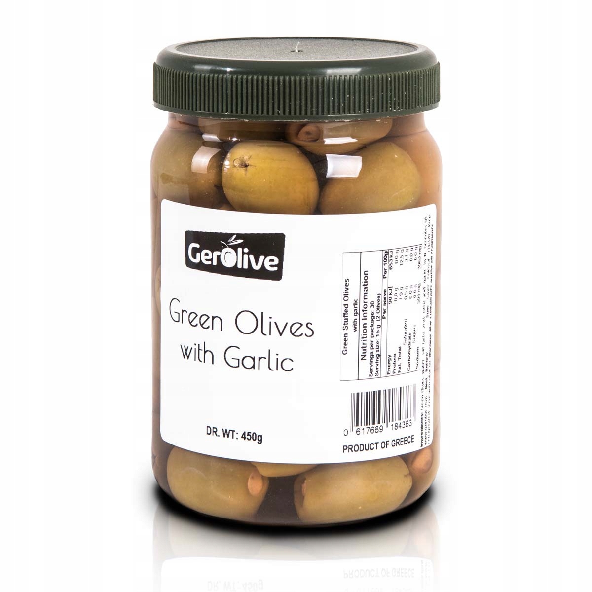 

Greckie oliwki zielone z czosnkiem 450g poj. 750ml