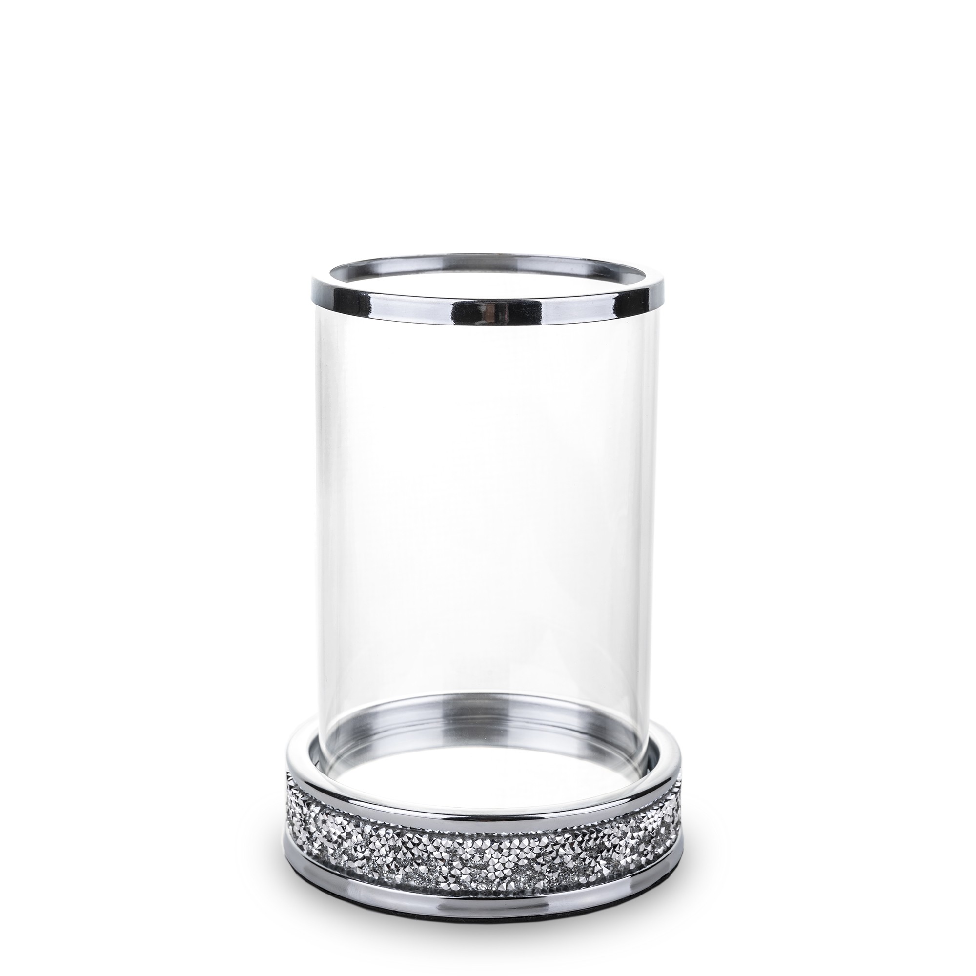 

Świecznik szklany metalowy srebrny kryształki