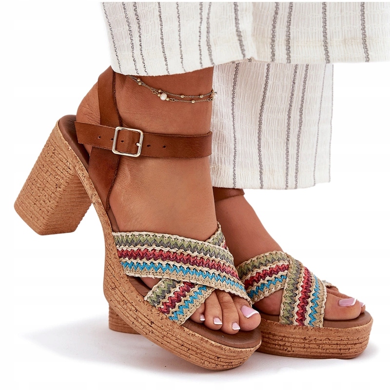 Dámské Sandály Přírodní Kůže Sloupek Pletenina Zazoo 40460 Hnědé 39