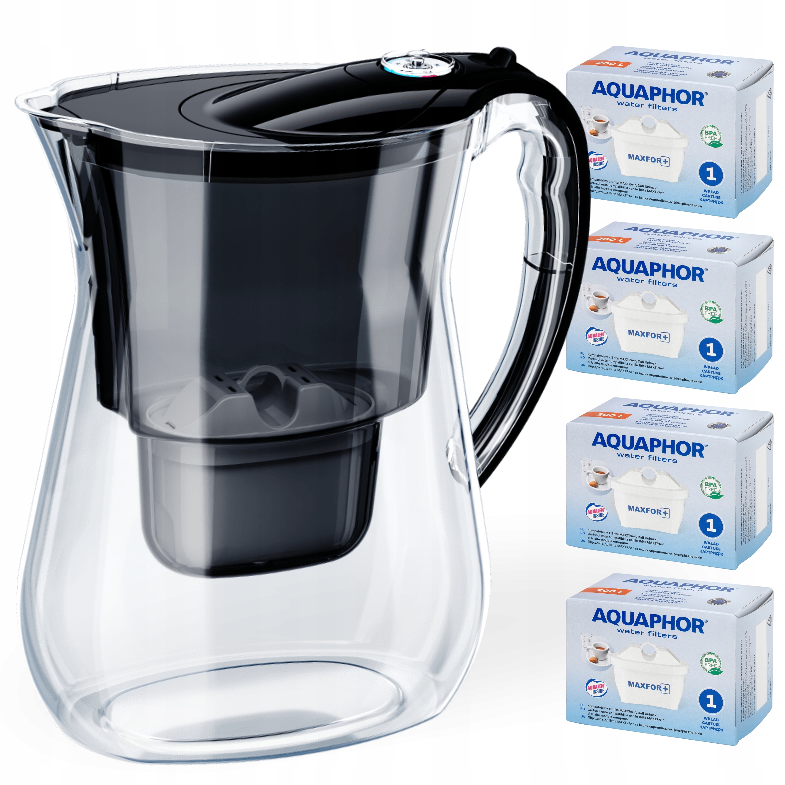 Dzbanek filtrujący wodę Aquaphor Lago Czarny 3.8L, 4 wkłady węglowe Maxfor+