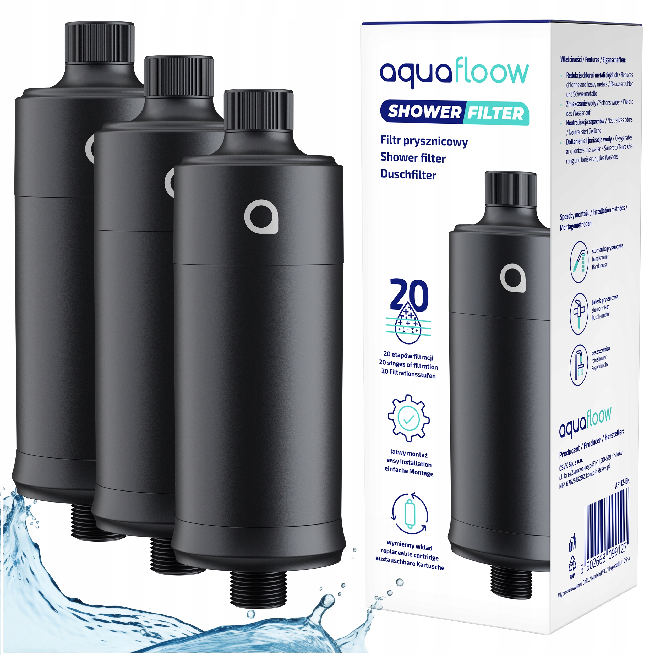 Filtr na vodu do sprchy AquaFloow odstraňuje chlór – 3 kusy