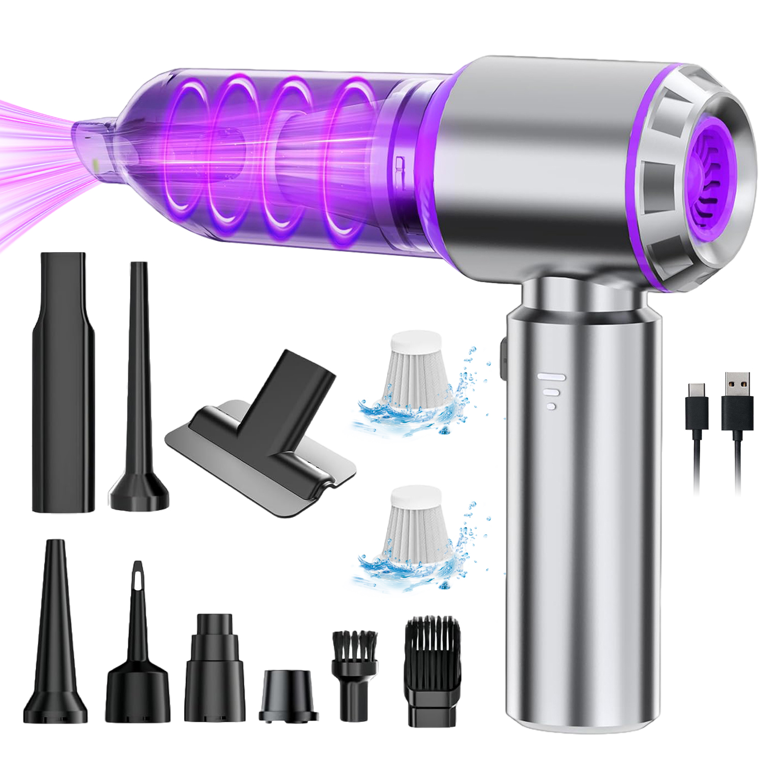 Odkurzacz Ręczny Samochodowy 4W1 Bezprzewodowy Dmuchawa Kurzu Końcówki