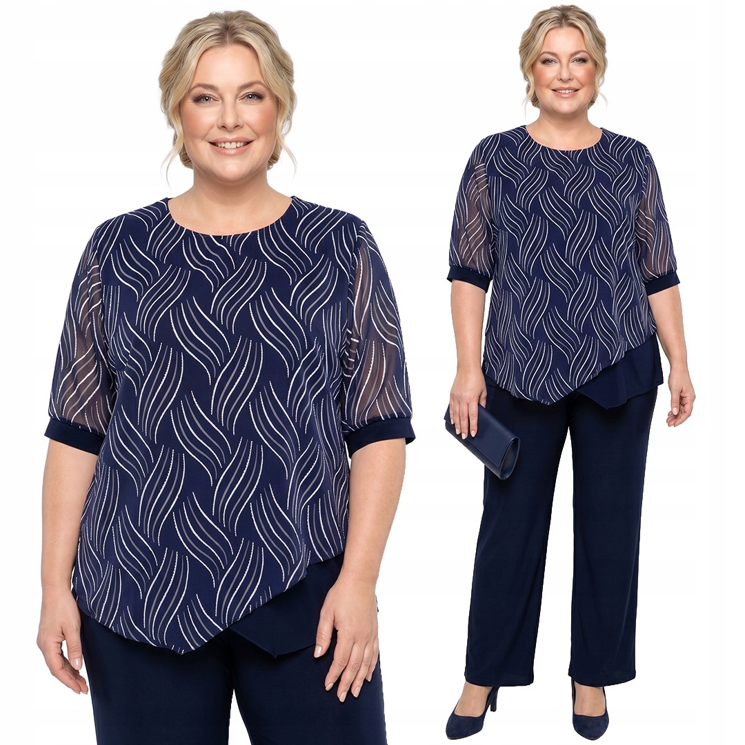Tmavě modrá bílo-šedá halenka s plus size vzory velikost 60