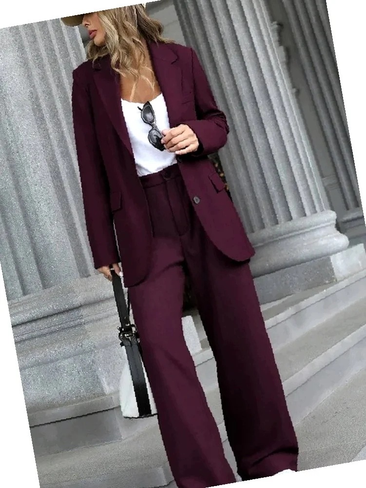 Bordový oblek Volný Elegantní Dámské Sako s kalhotami M