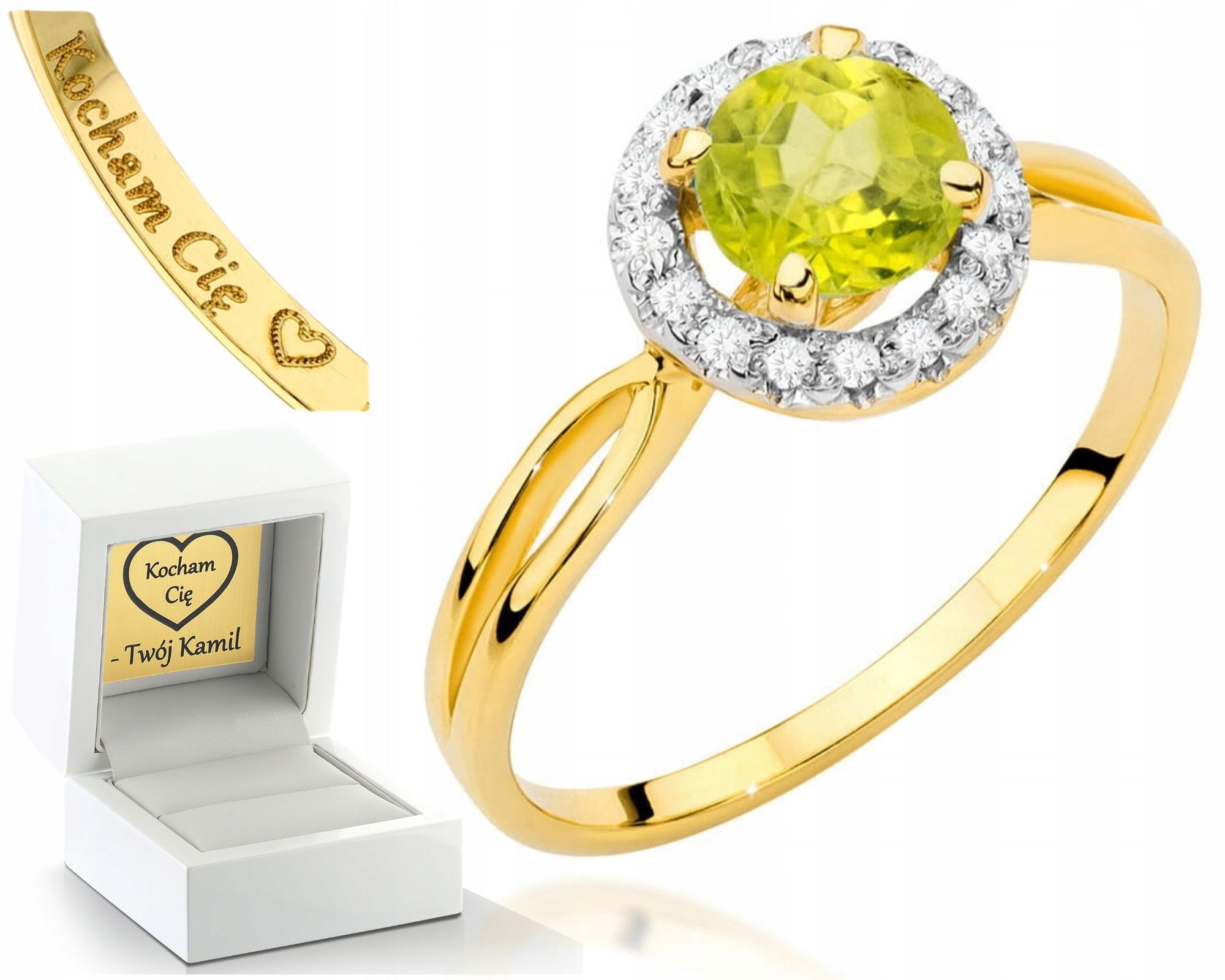 Zlatý Prstýnek S Přírodním Olivínovým Kamenem A Diamanty 585 14K