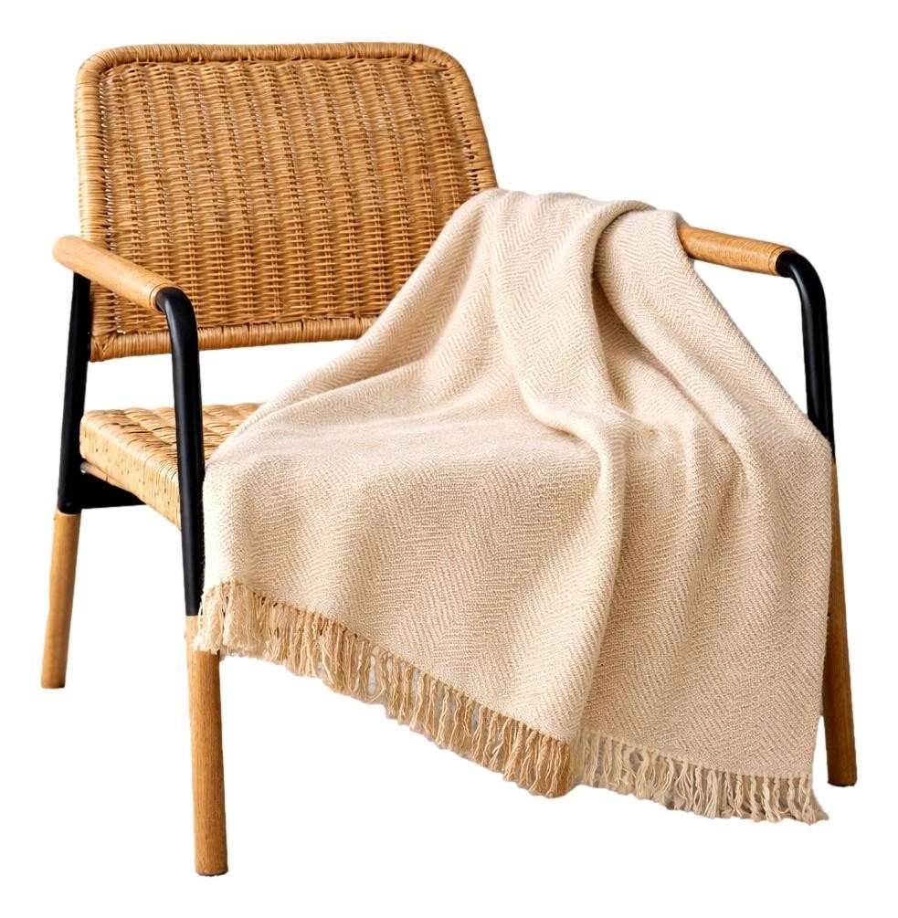 Fotelówka duża 130x180 beżowa narzuta bawełniana z frędzlami hiszpańska