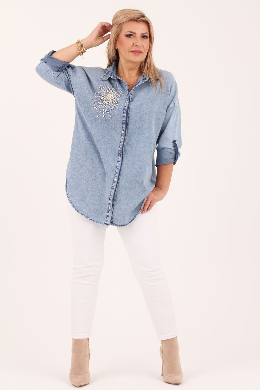 KOSZULA JEANSOWA DAMSKA DUŻE ROZMIARY ELEGANCKA DŁUGA OVERSIZE STYLOWA Kolor niebieski