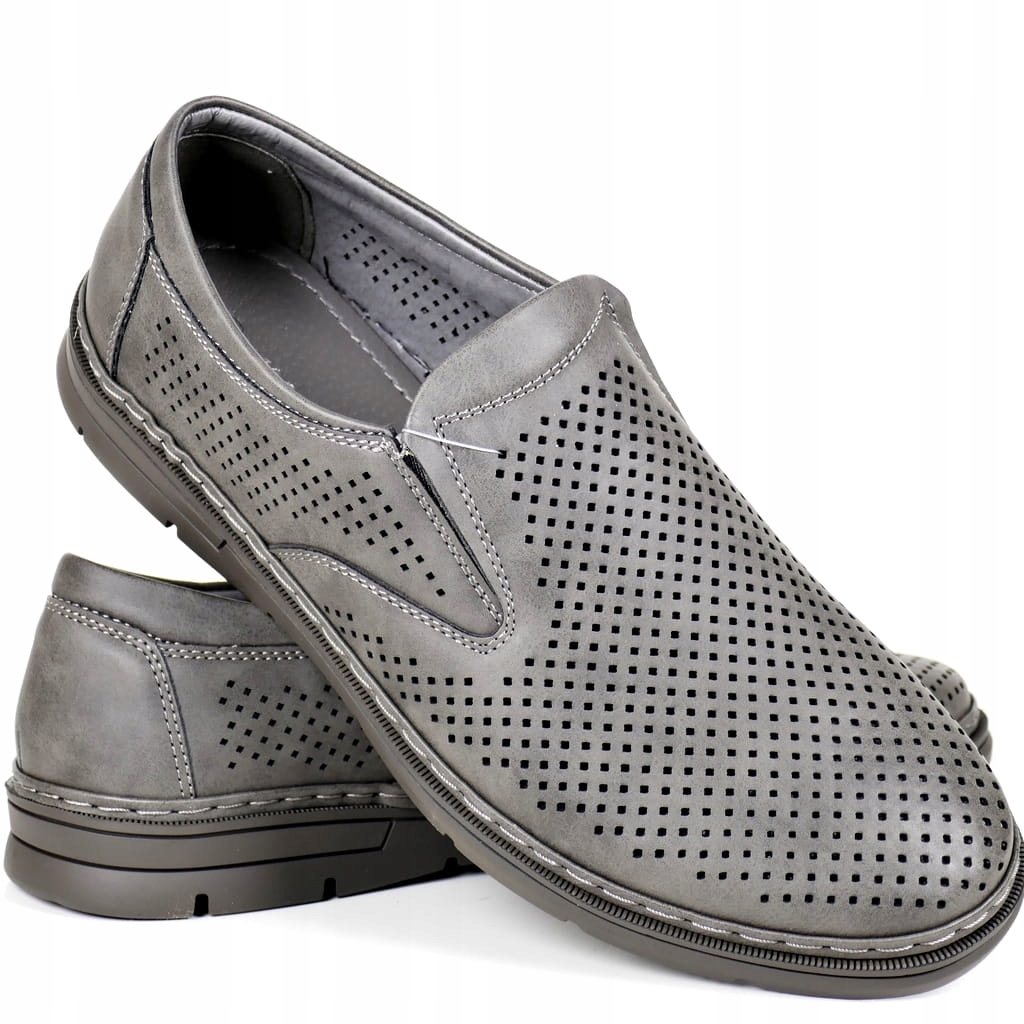 Šedé Pánské Polobotky Mokasíny Vsuvné Prodyšné S Děrováním Kožená Stélka