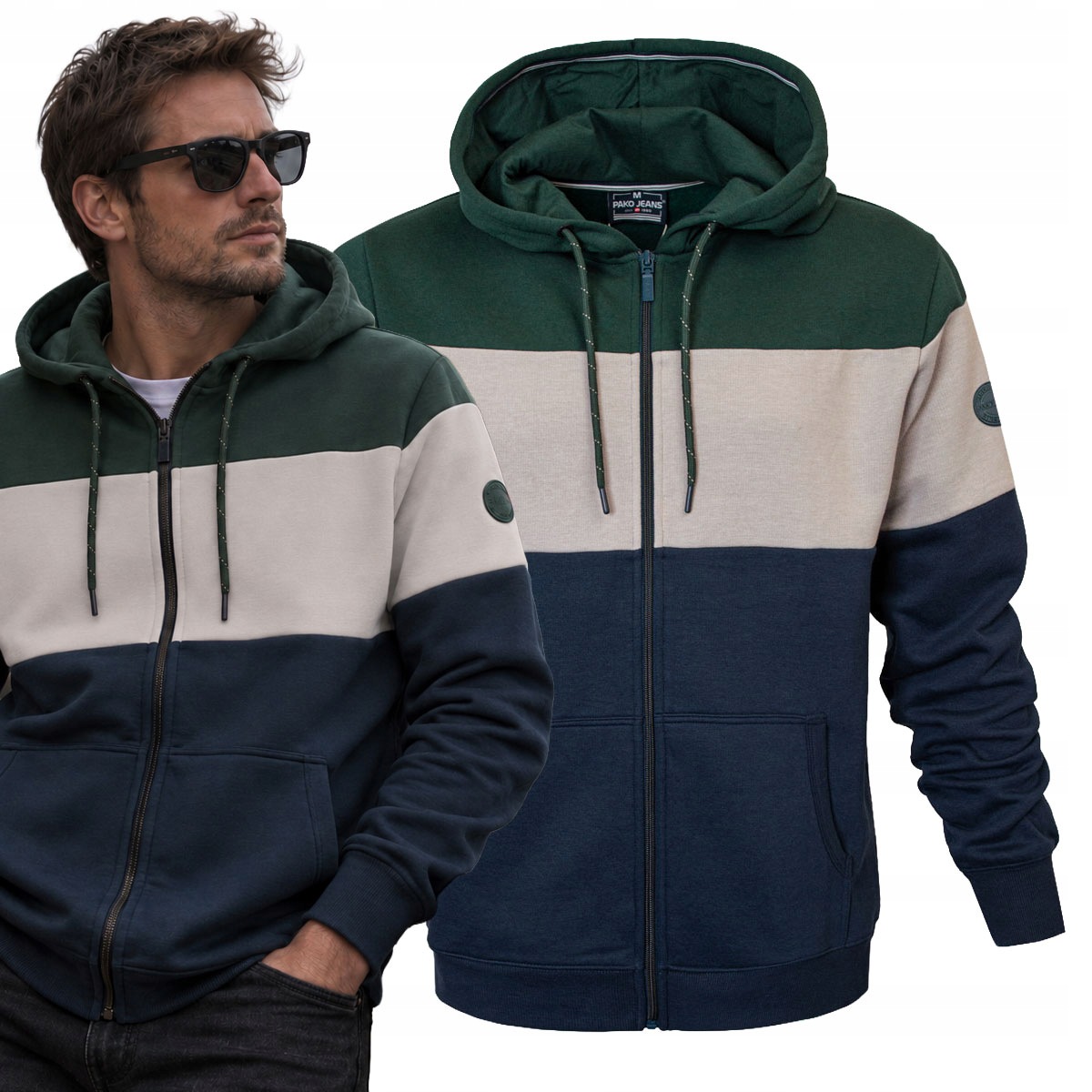 Sportowa Bluza Męska Rozpinana z Kapturem w Paski Ocieplana L Pako Jeans