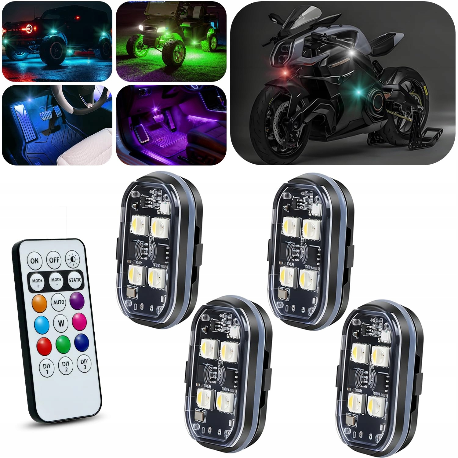 Zestaw 4x bezprzewodowe lampki Led Rgb z pilotem, Type-C, IP65 do motocykla