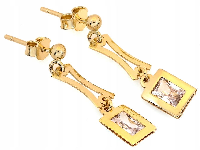 Náušnice zlaté 585 elegantní, visící na tyči s obdélníkovým zirkonem