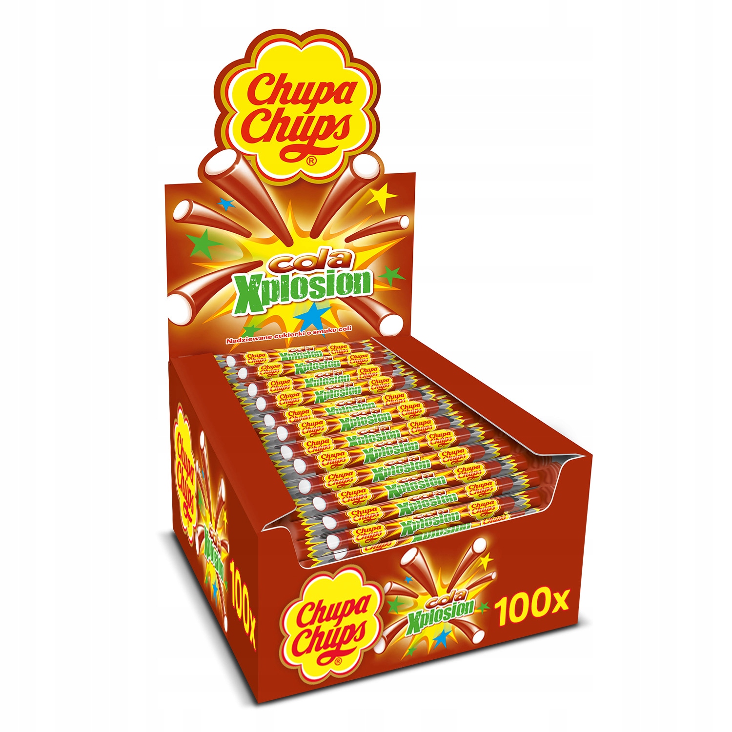 Zestaw Chupa Chups Xplosion długie nadziewane cukierki o smaku coli 100x10g