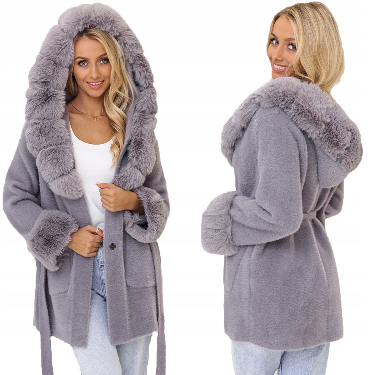 Měkká Alpaka S Kožíškem Kabát alpaka S Páskem Šedá