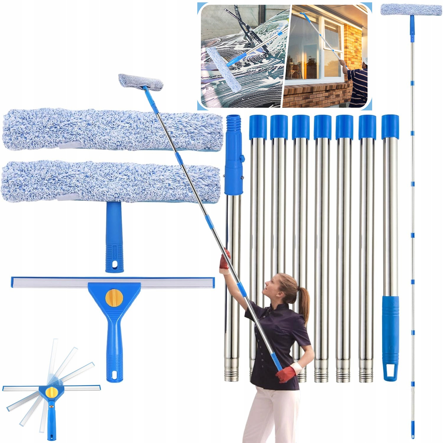 Sada Myček Mikrovláken Mop Teleskopický Kartáč Na Mytí Oken Panelů 300 CM