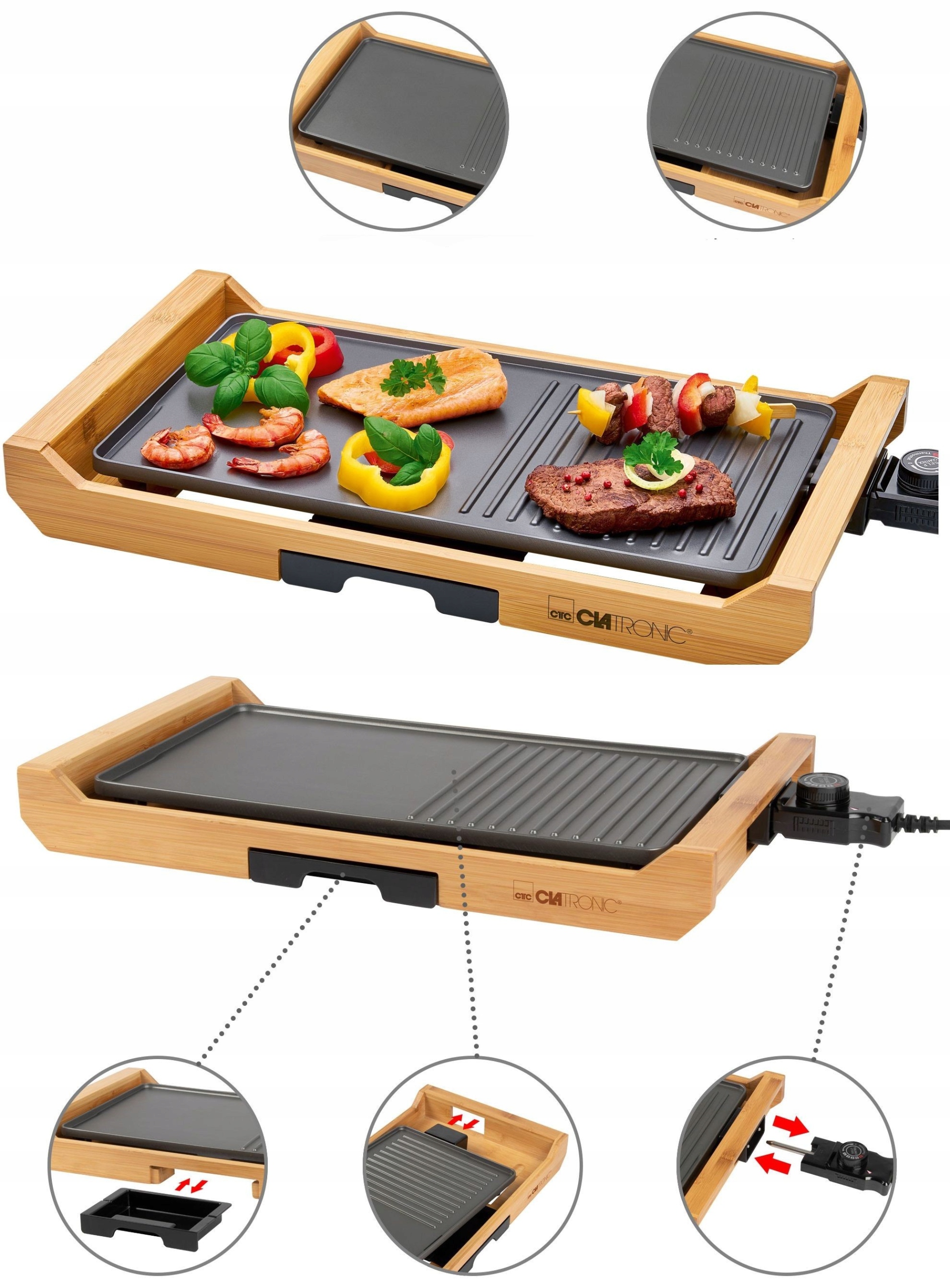 ELEKTRYCZNY GRILL STOŁOWY NA BAMBUSOWEJ CLATRONIC Komunikacja lampka kontrolna