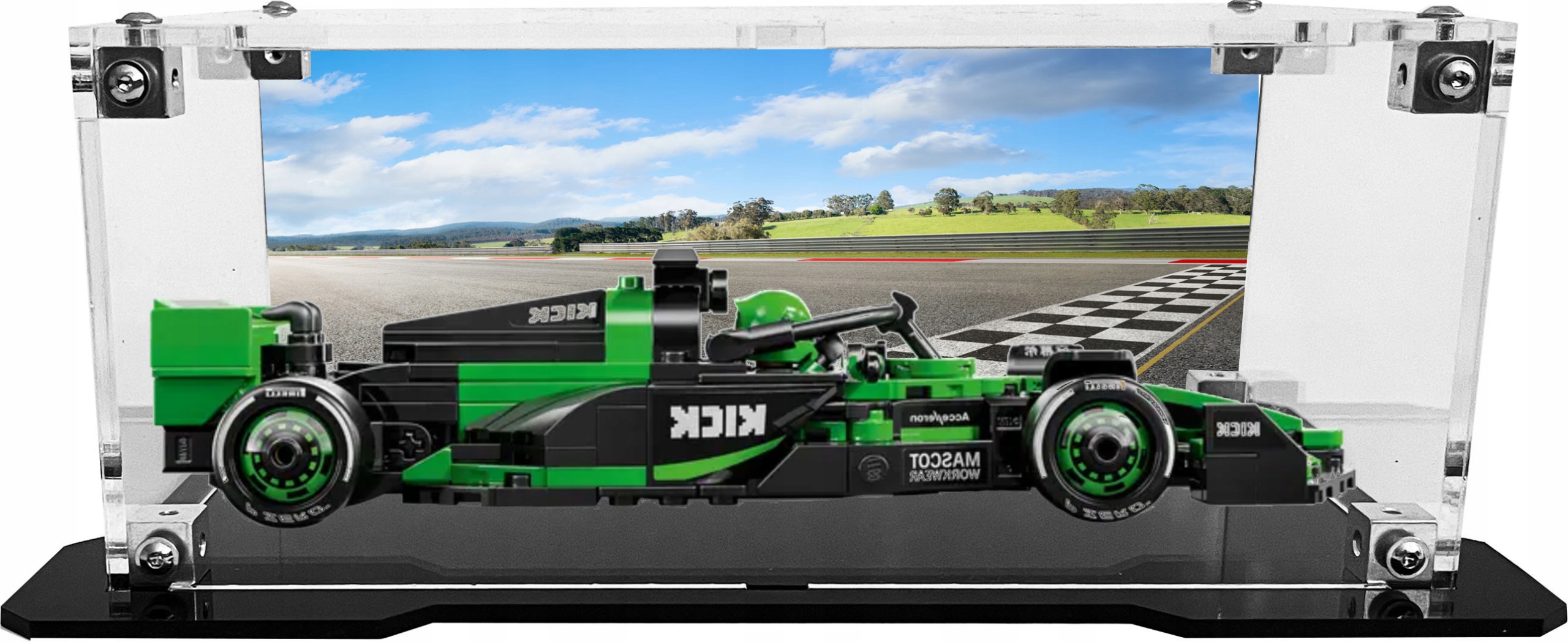 Vitrína s černou základnou a pozadím pro stavebnici Lego 77247 Formule F1 Kick Sauber