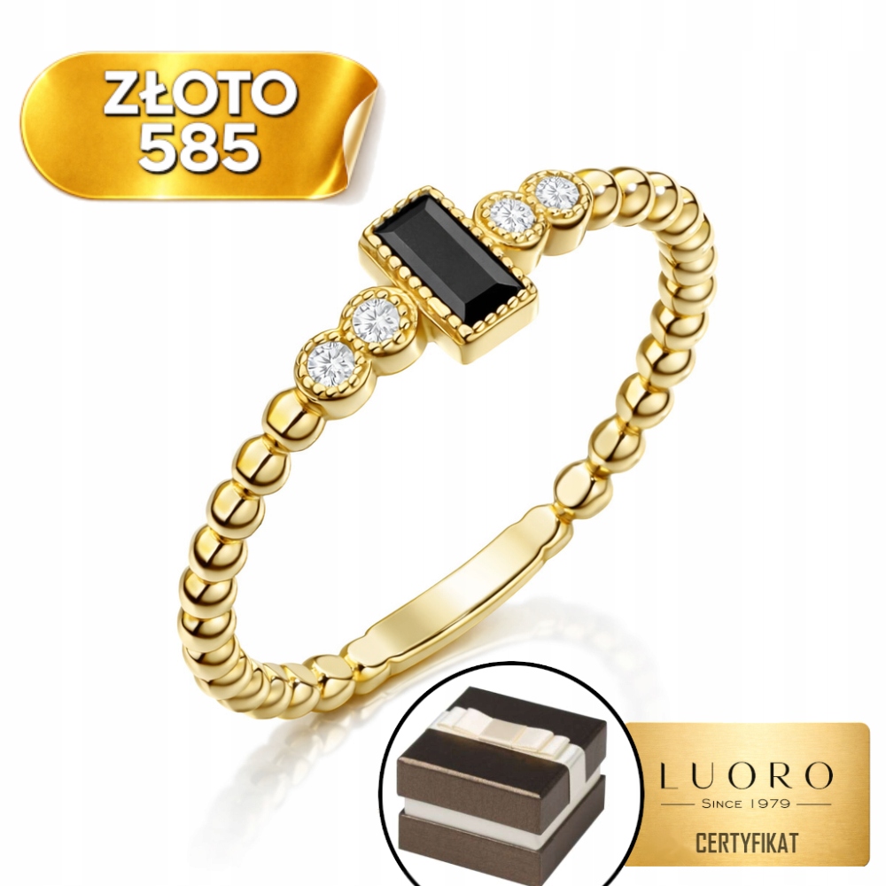 Prstýnek Zlato 585 14K Kuličky S Černým Kamenem Zirkony R18