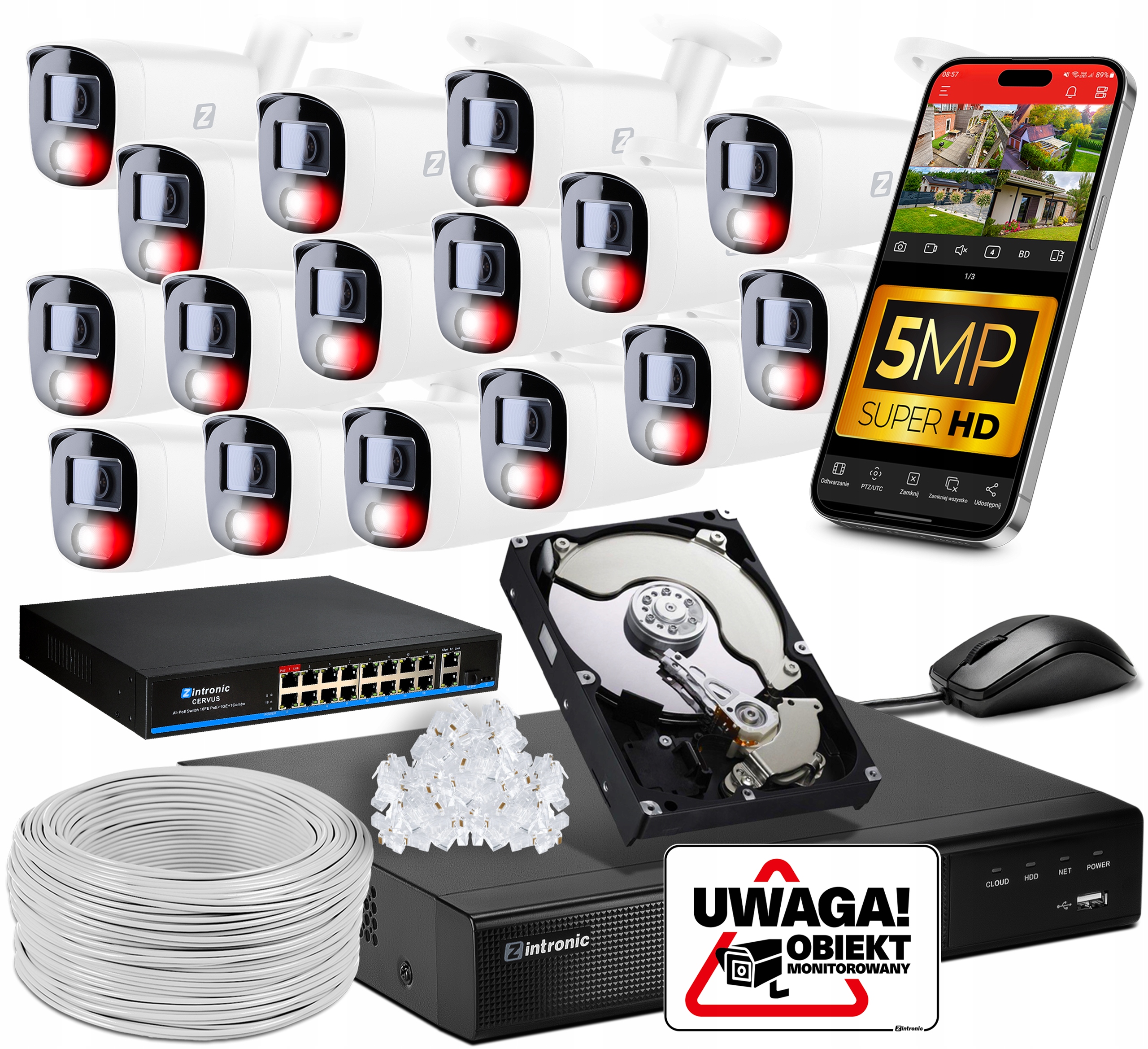 Sada Pro Monitorování 5MPX Ip Poe 16 Kamer 1TB Audio Detekce Lidí Přepínač