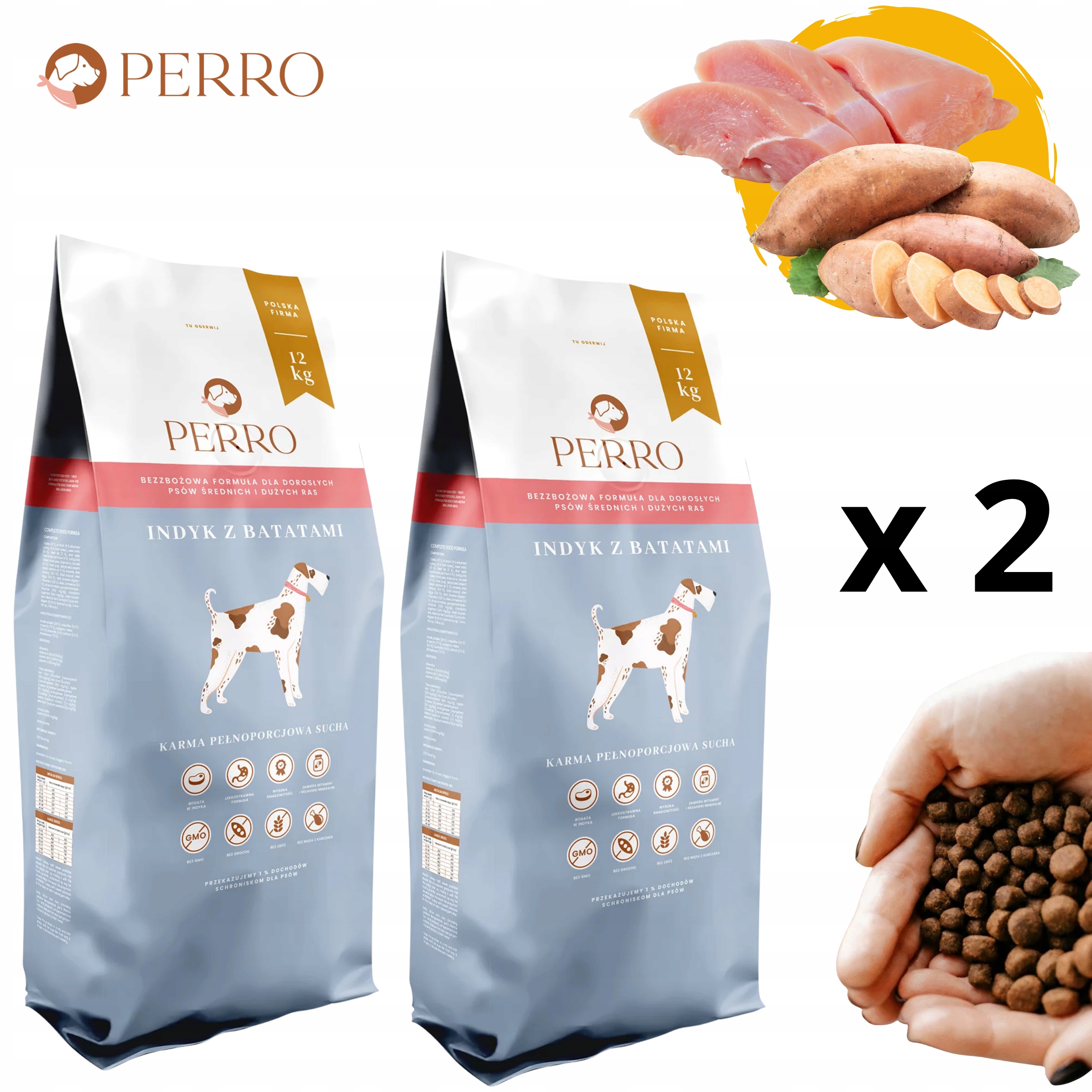 Levně 2x Perro Krmivo bez obilovin Krůta s batáty 12 kg Střední velká plemena pro psy