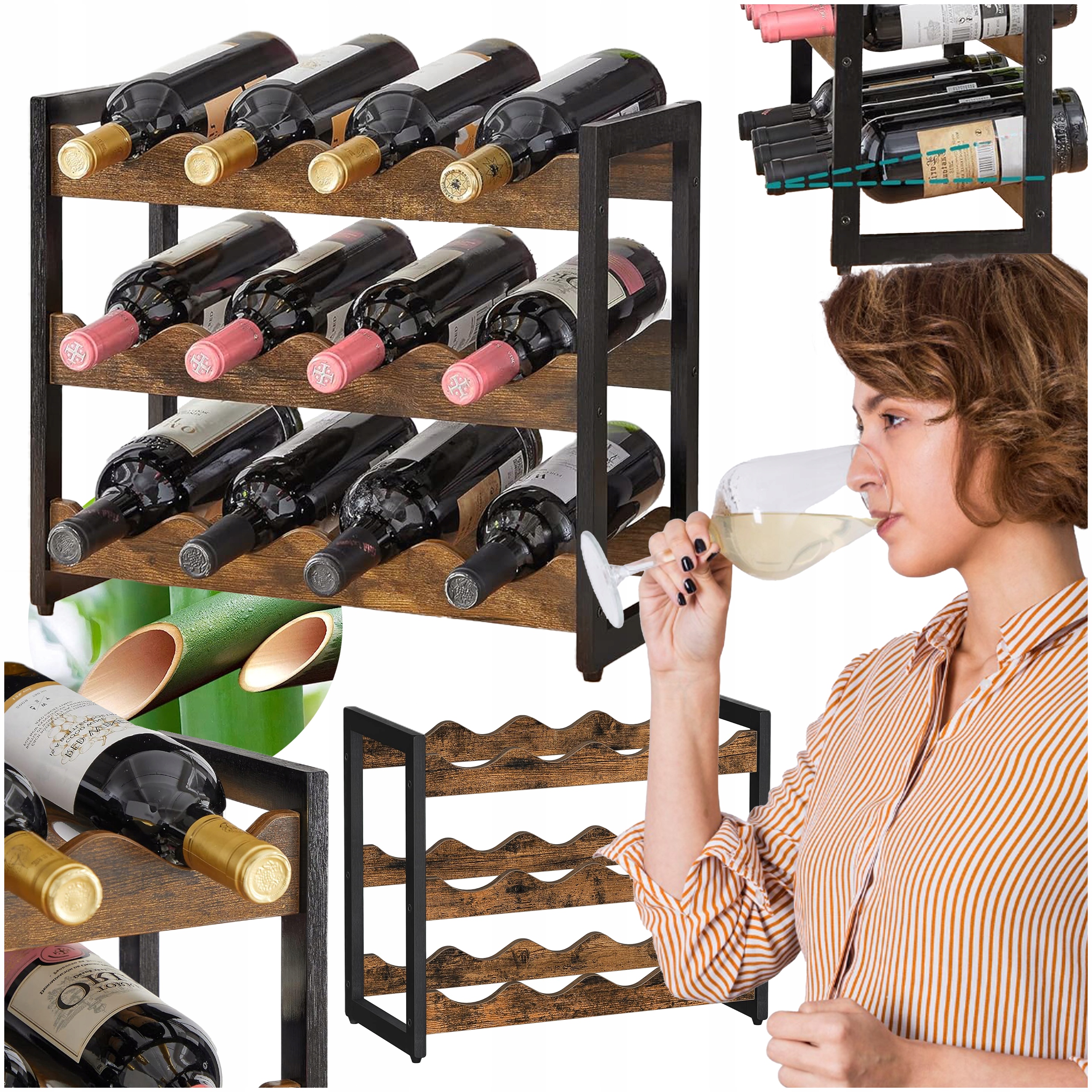 Stojan Organizér na víno 12 Lahví Dřevěný regál 3 police na alkohol 1 Ks