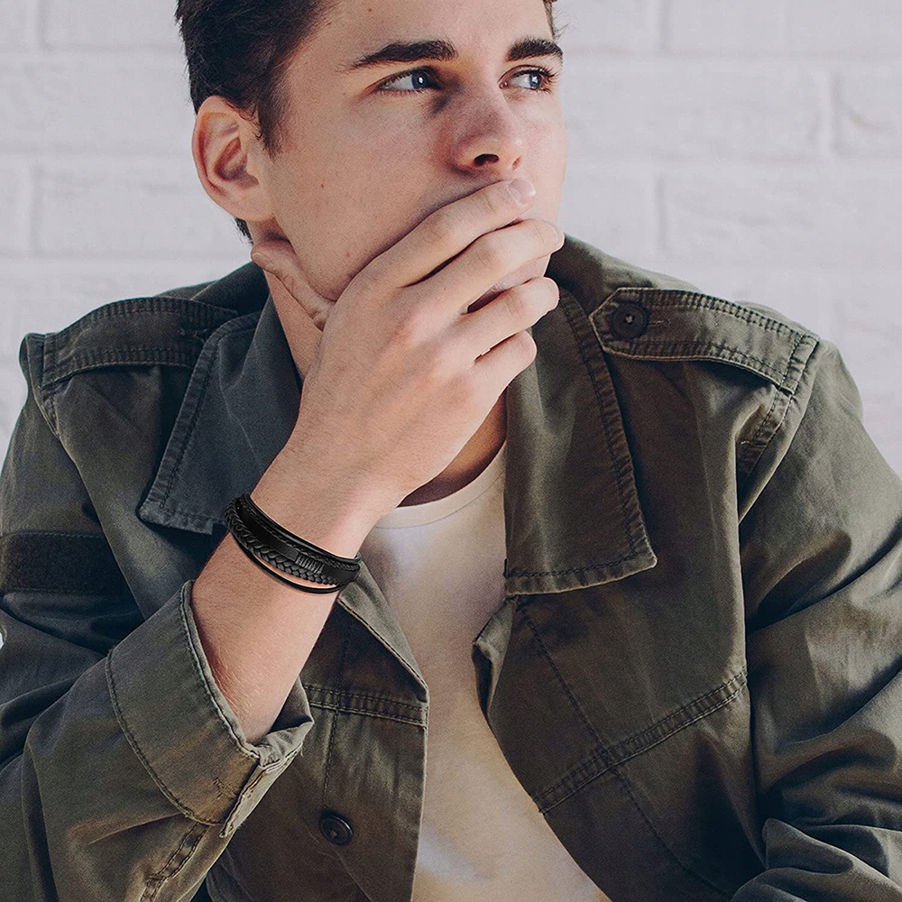 PREMIUM Czarna Skórzana Bransoletka Męska Elegancka Magnes STAL NIERDZEWNA Splot Inny splot