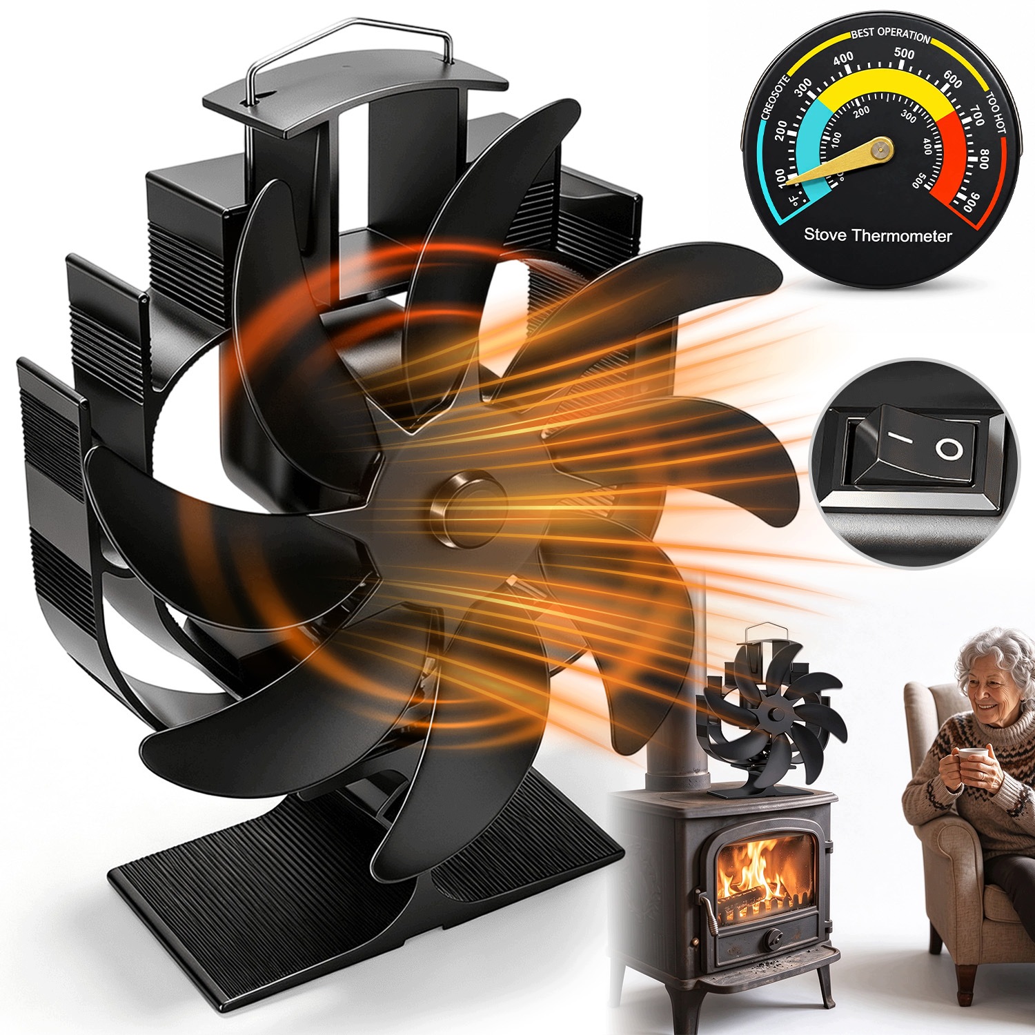 8 Lopatkami Tepelně poháněný krbový ventilátor Černé dřevo