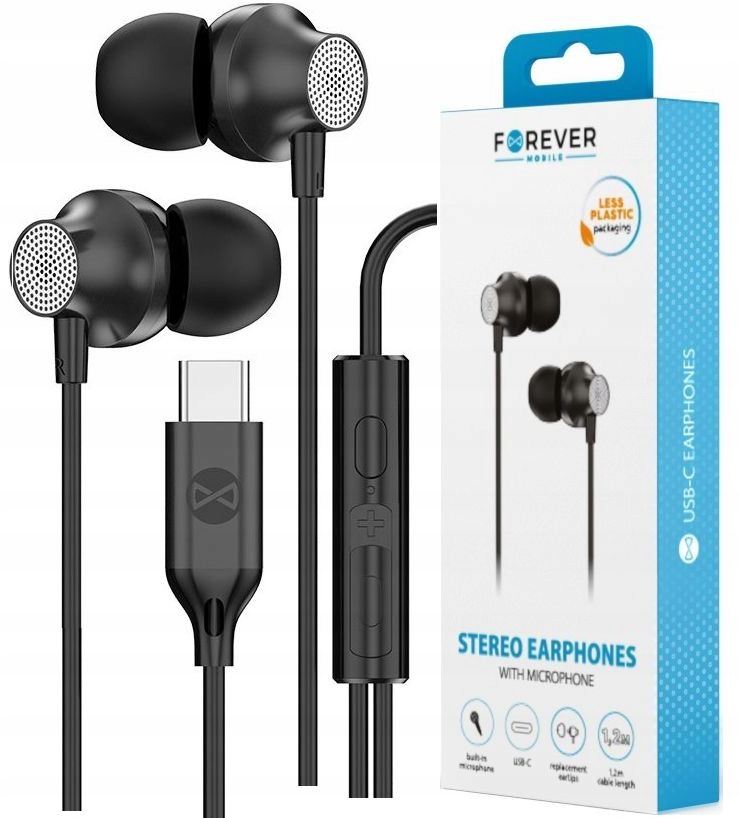 Forever słuchawki przewodowe EP-02 dokanałowe USB-C czarne