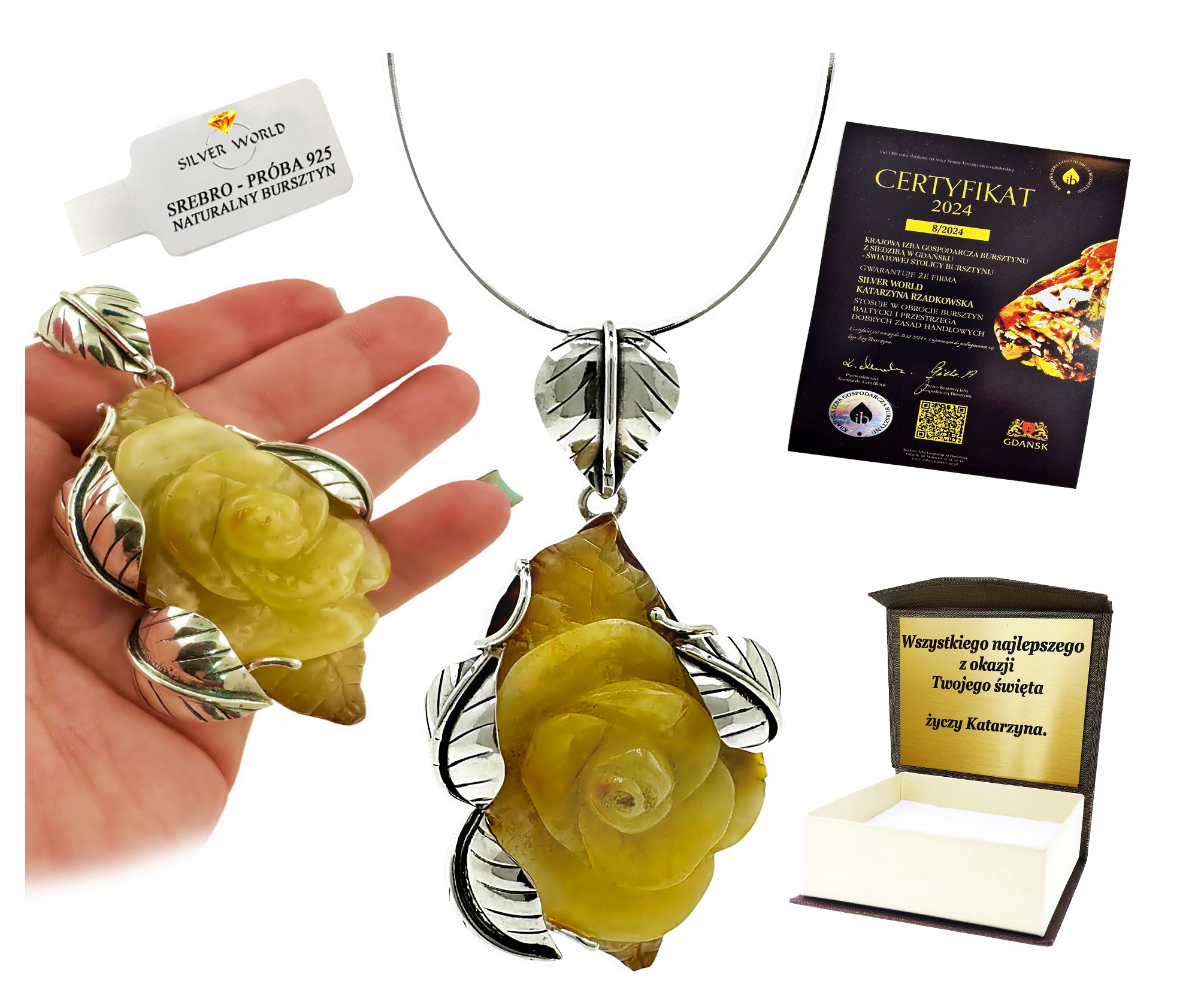 Přívěsek Stříbrný S Přírodním Jantarem Krásná Mléčná Růže Gravírování WB1