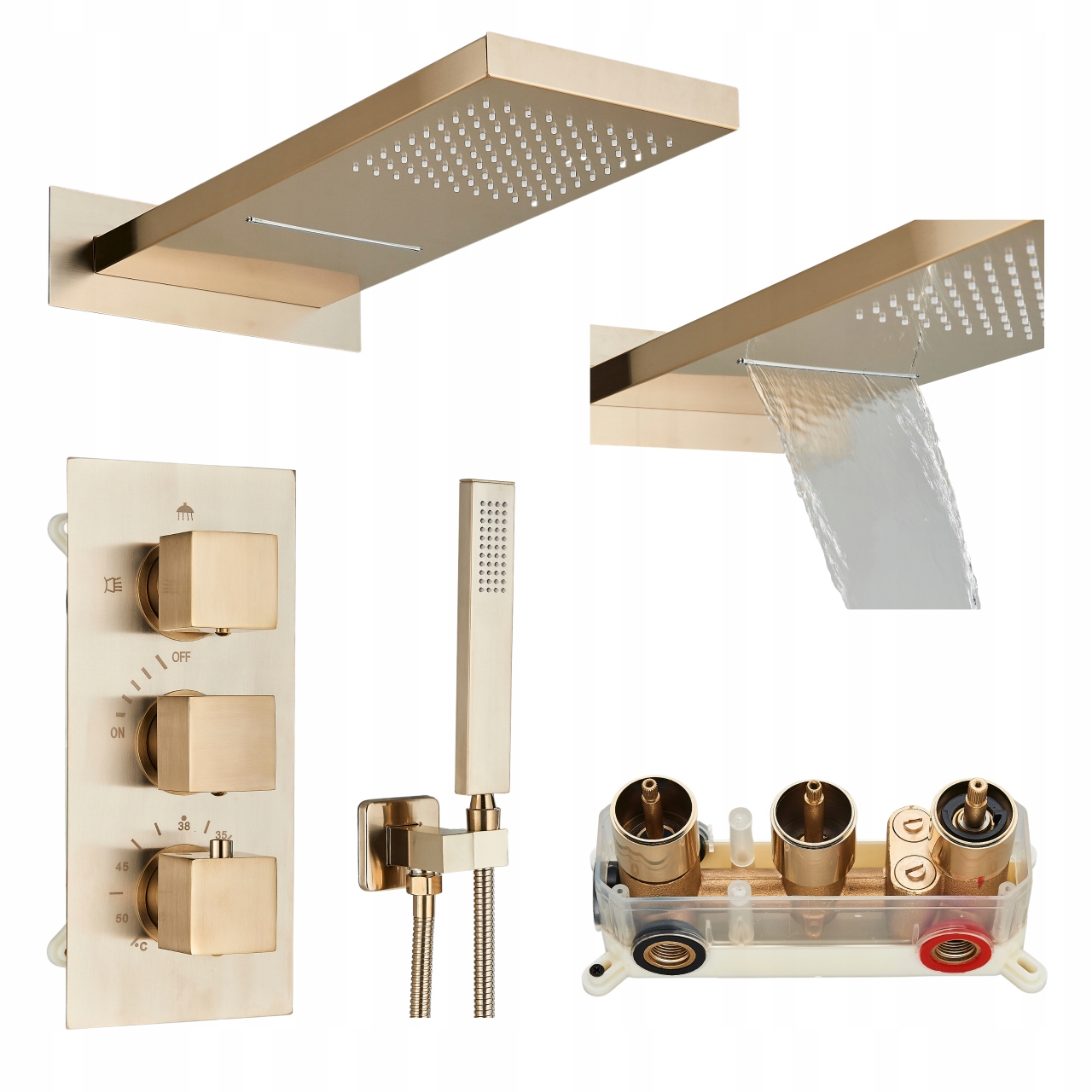 Sprchový Set Podomítkový sprchový kout Zlatý termostat Dešťová sprcha Box Ari