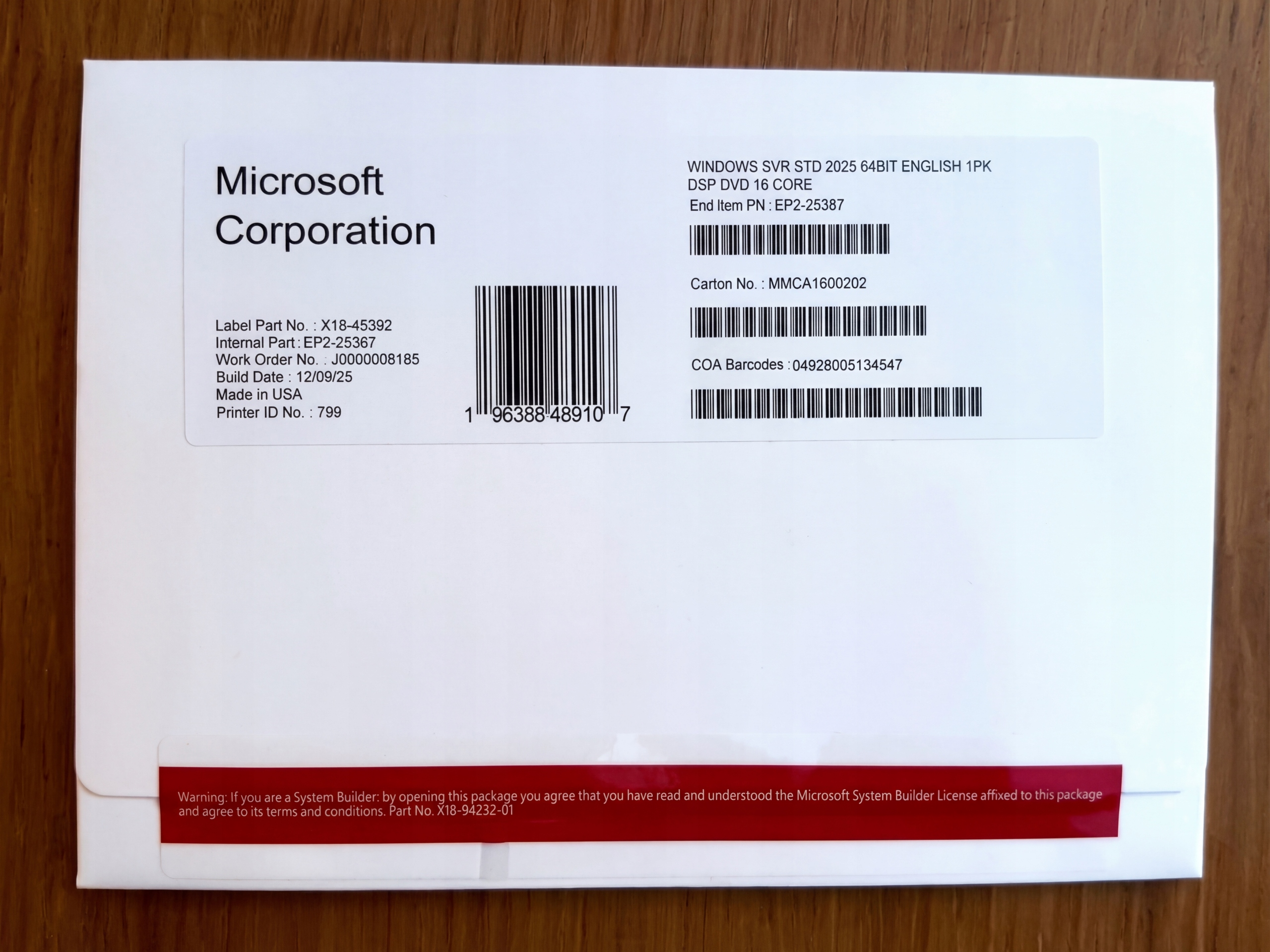 Windows Server 2022 Standard 16 Core DVD COA