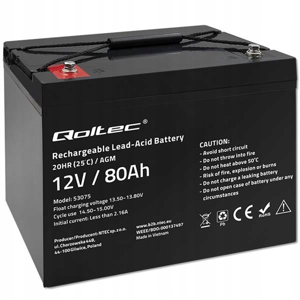 Qoltec Akumulátor Agm 12V 80Ah 23.5 kg Bezúdržbový Silný LongLi