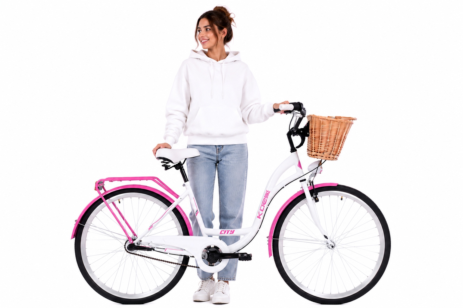 Stylowy rower miejski 28 Kozbike 3 biegi biało-różowy kosz
