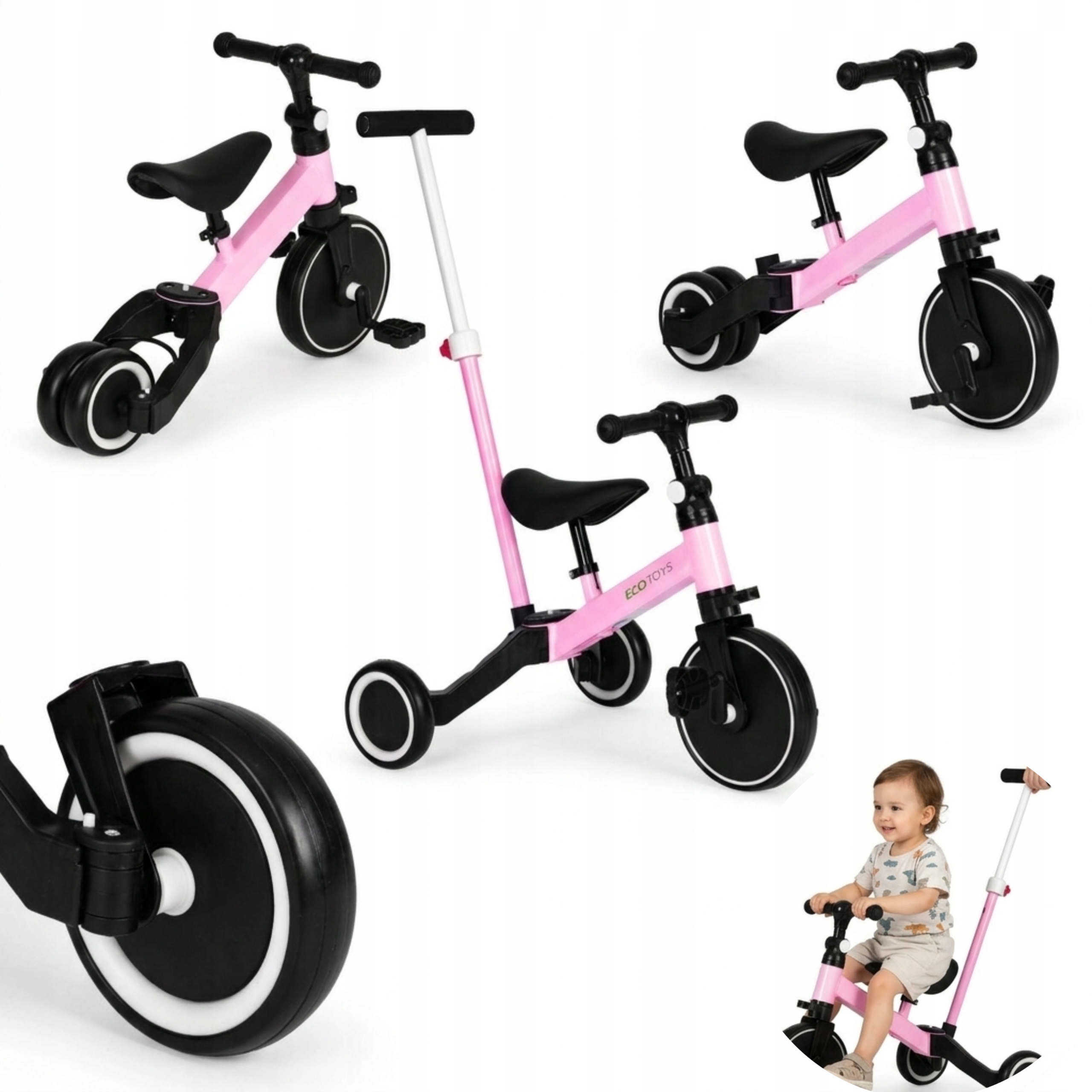 Rowerek Trójkołowy 2w1 Biegowy Z Pedałami Rączką Regulowany Koła Eva Różowy